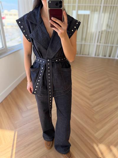 Zımba Detaylı Koyu Lacivert Denim Takım