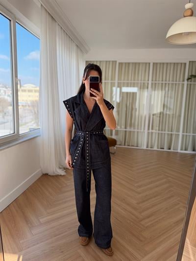 Zımba Detaylı Koyu Lacivert Denim Takım