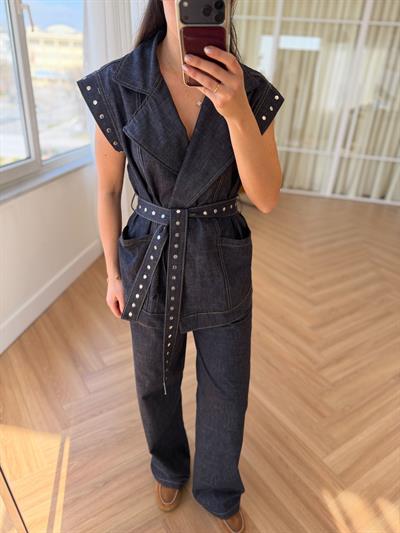 Zımba Detaylı Koyu Lacivert Denim Takım