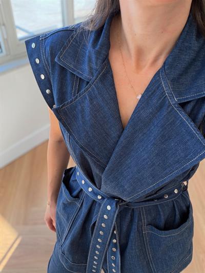 Zımba Detaylı Mavi Denim Takım