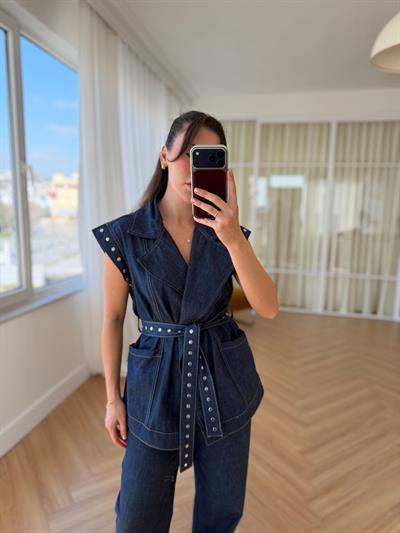 Zımba Detaylı Mavi Denim Takım