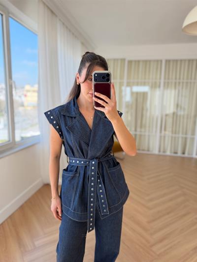 Zımba Detaylı Mavi Denim Takım