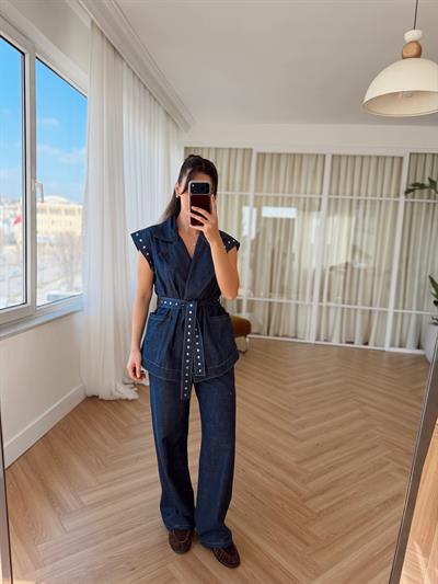 Zımba Detaylı Mavi Denim Takım