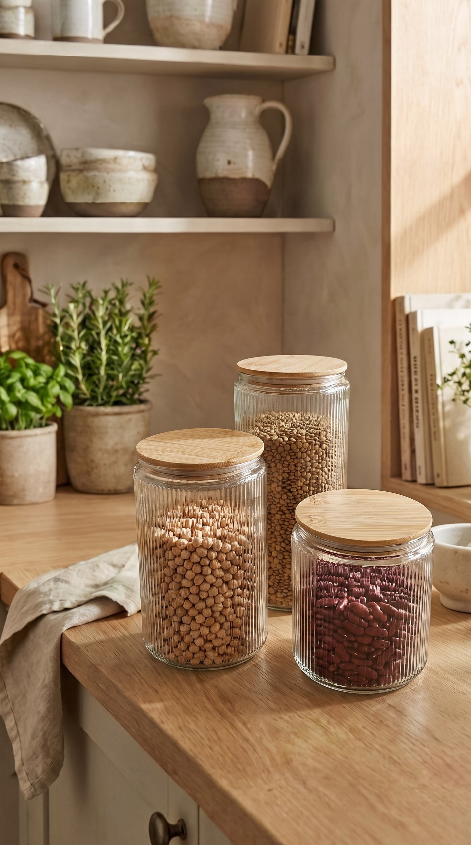 3’lü Bambu Vakum Kapaklı Cam Saklama Kabı Seti 1000 ML 1500 ML 2000 ML | Fitilli Cam Kavanoz