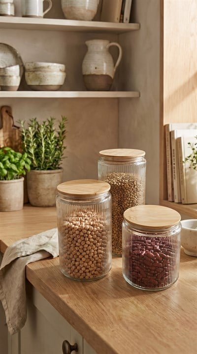 3’lü Bambu Vakum Kapaklı Cam Saklama Kabı Seti 1000 ML 1500 ML 2000 ML | Fitilli Cam Kavanoz