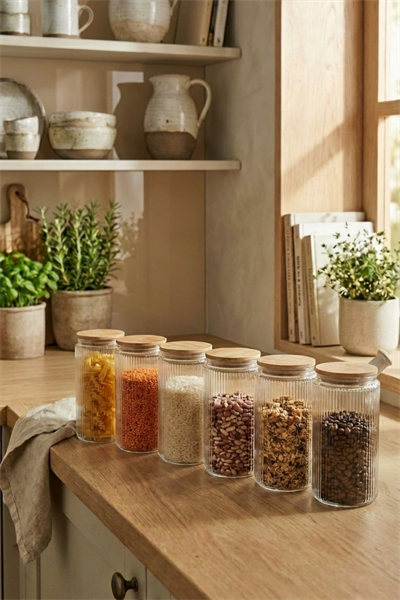 6'lı Set Bambu Vakum Kapaklı Cam Saklama Kabı 1350 ML