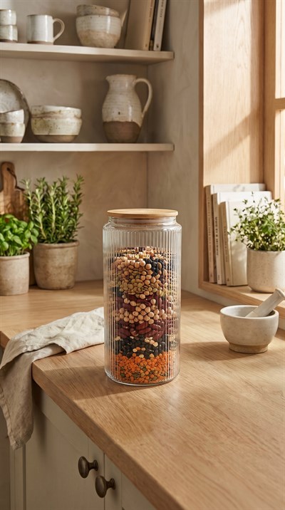Bambu Vakum Kapaklı Cam Saklama Kabı 1350 ML | Fitilli Cam Kavanoz Kuru Gıda Saklama Kabı