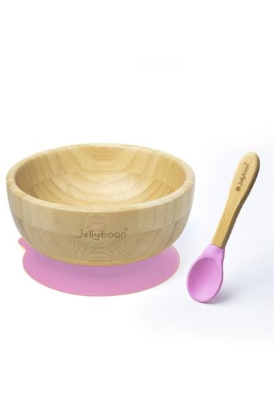 jellyboon bambu yuvarlak vakumlu kase kaşık seti (pembe)