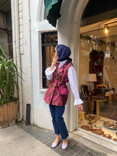 Colorful İpek Kapitone Yelek Pembe