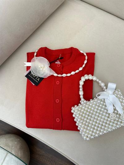 Düğmeli Triko Hırka Kırmızı