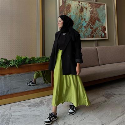 Yağ Yeşili Saten Skirt