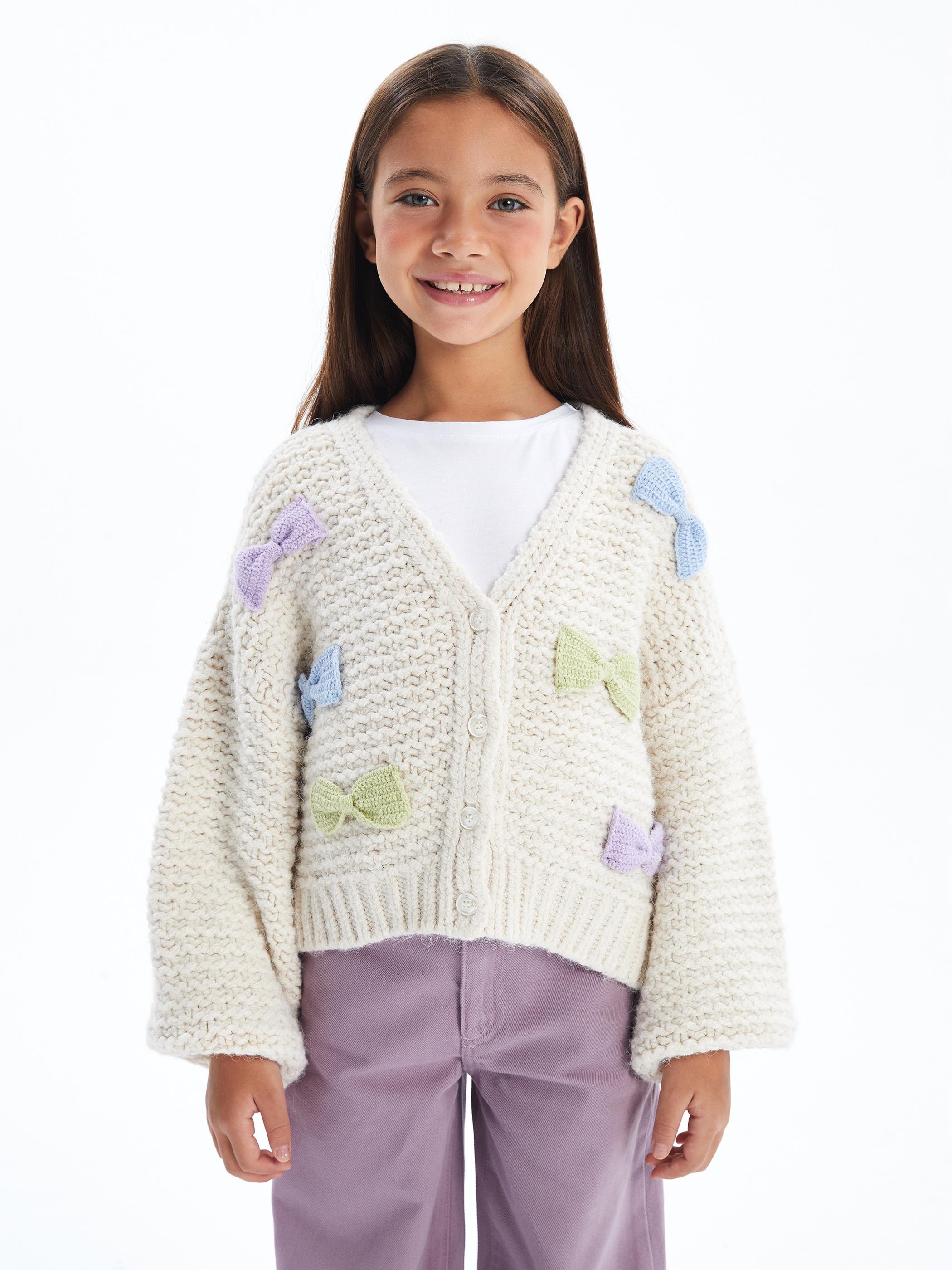 Bow - Balon Kol ve Fiyonk Detaylı Triko Hırka - Ekru Renk