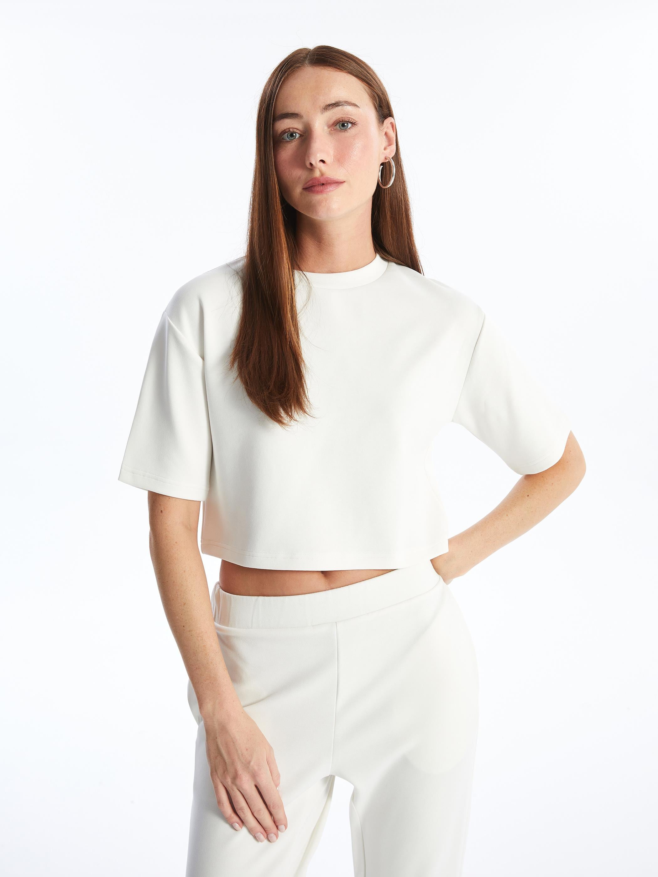 Brest - Modal Oysho Kumaş Düz Crop Tshirt - Ekru