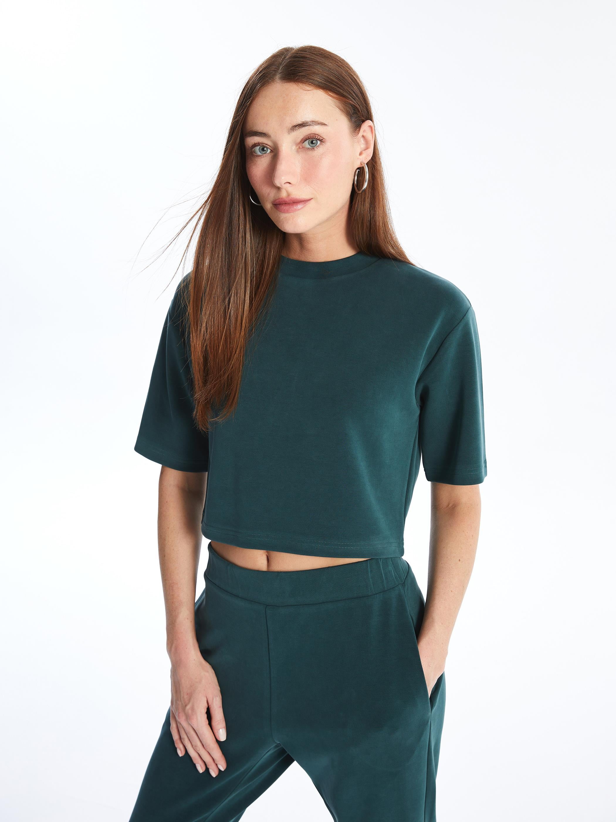 Brest - Modal Oysho Kumaş Düz Crop Tshirt - Yeşil