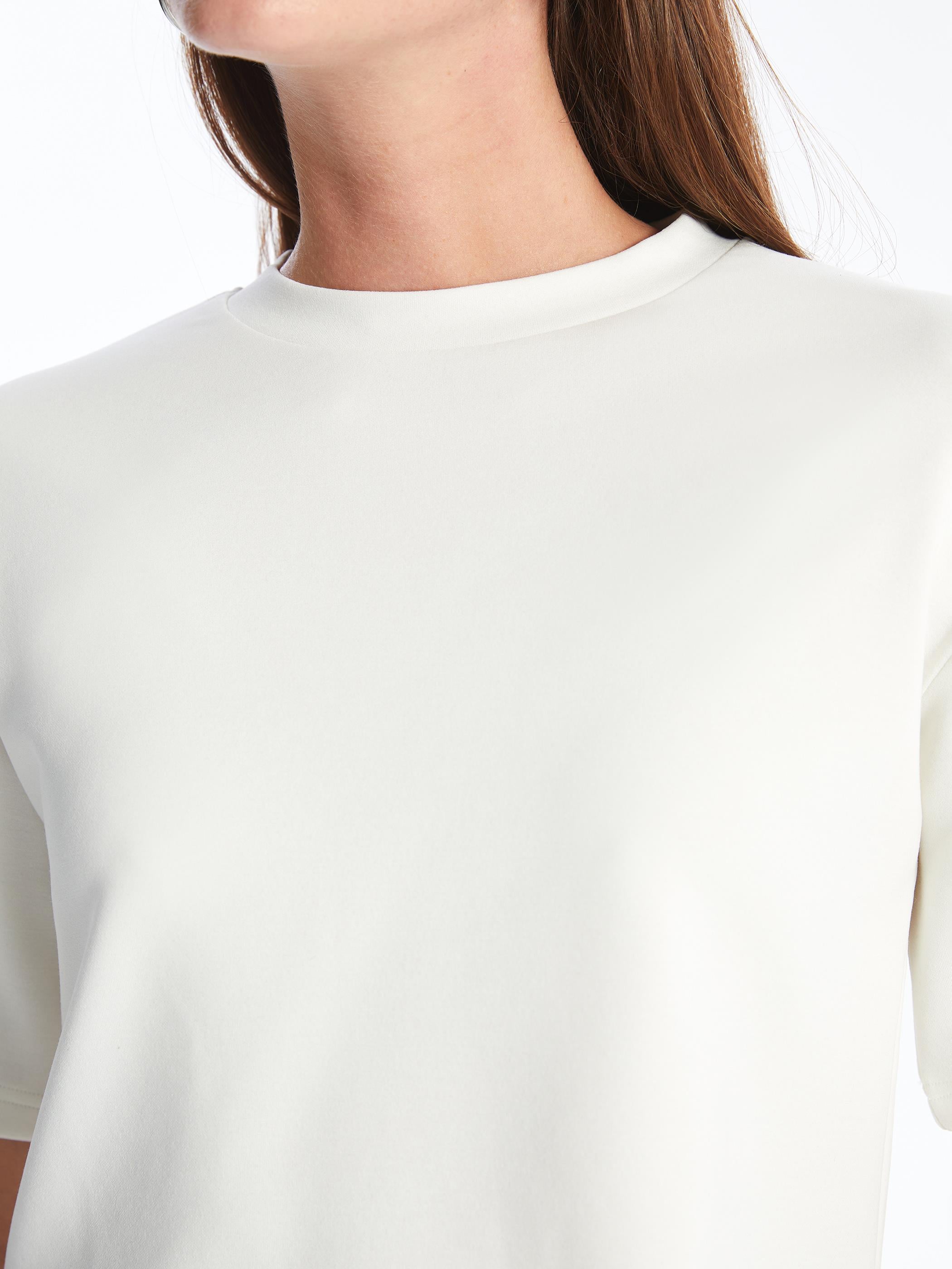 Brest - Modal Oysho Kumaş Düz Crop Tshirt - Ekru