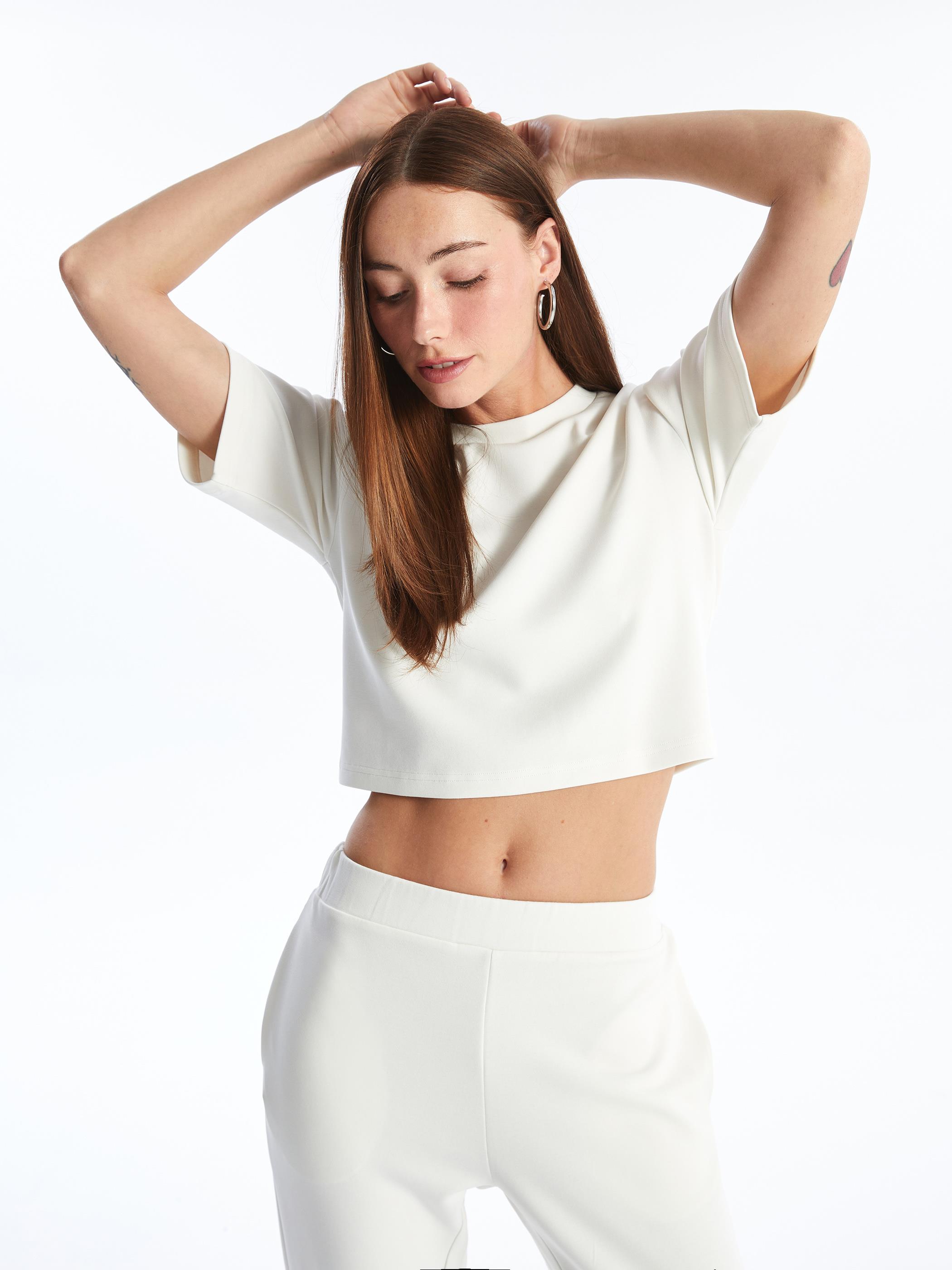 Brest - Modal Oysho Kumaş Düz Crop Tshirt - Ekru