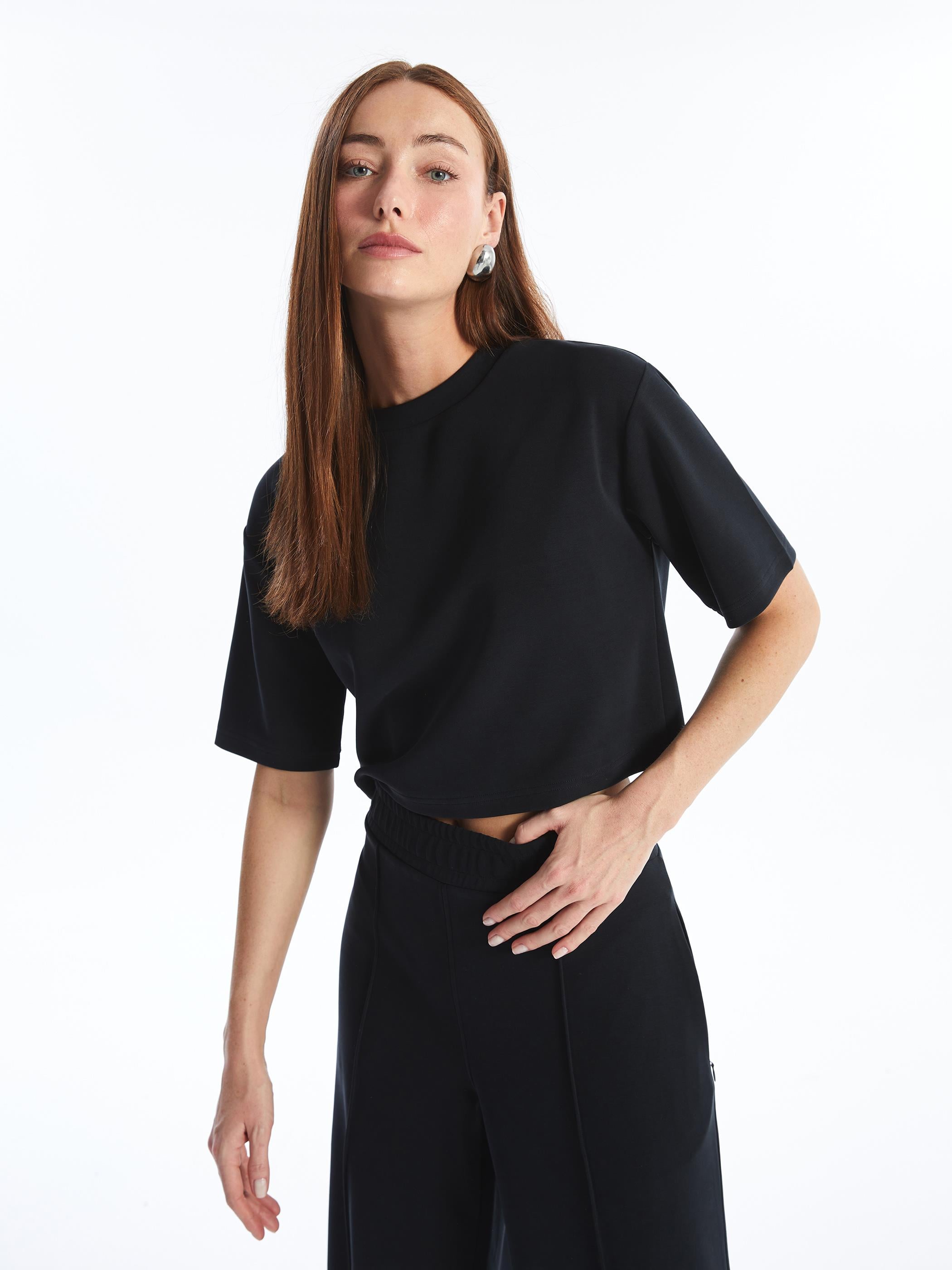 Brest - Modal Oysho Kumaş Düz Crop Tshirt - Antrasit