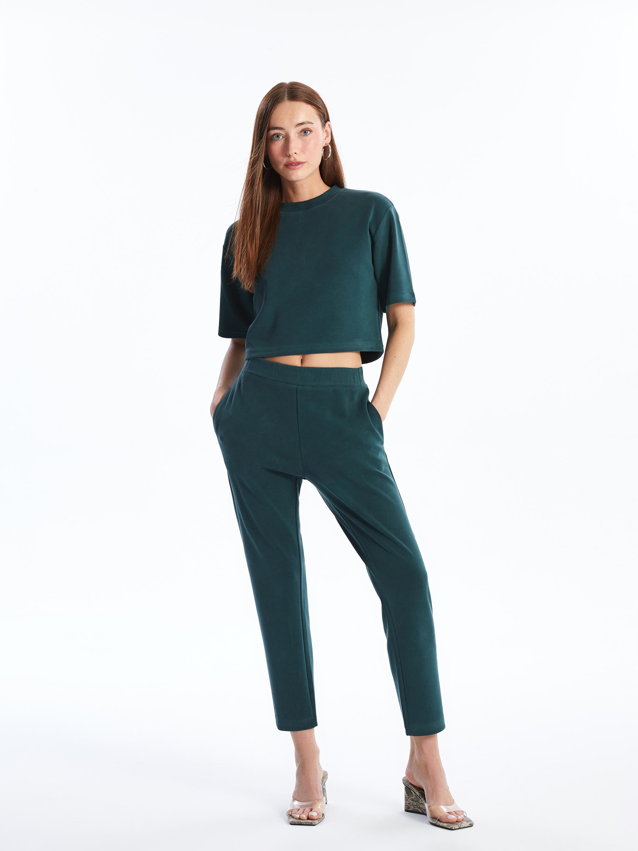 Brest - Modal Oysho Kumaş Düz Crop Tshirt - Yeşil