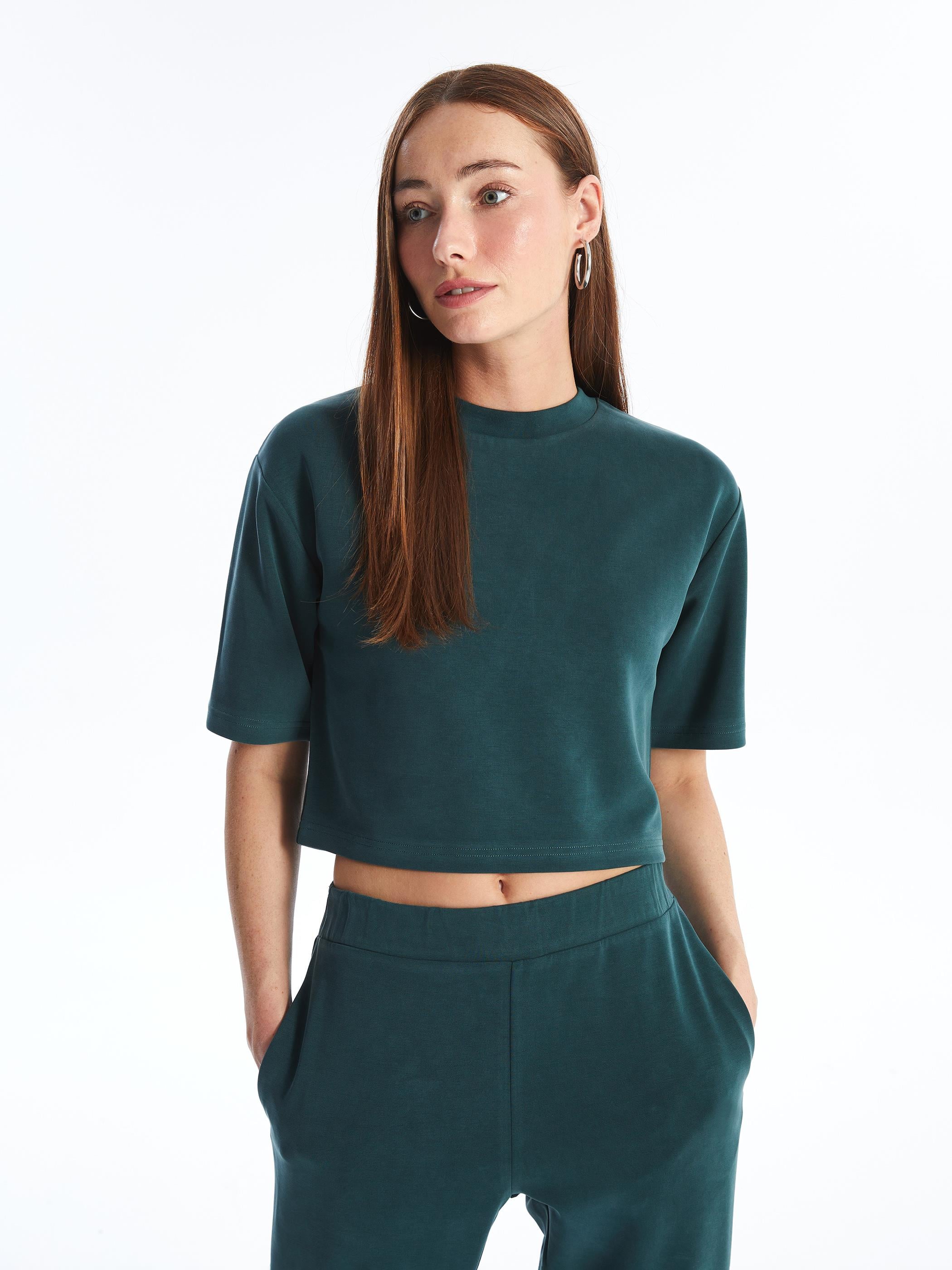 Brest - Modal Oysho Kumaş Düz Crop Tshirt - Yeşil