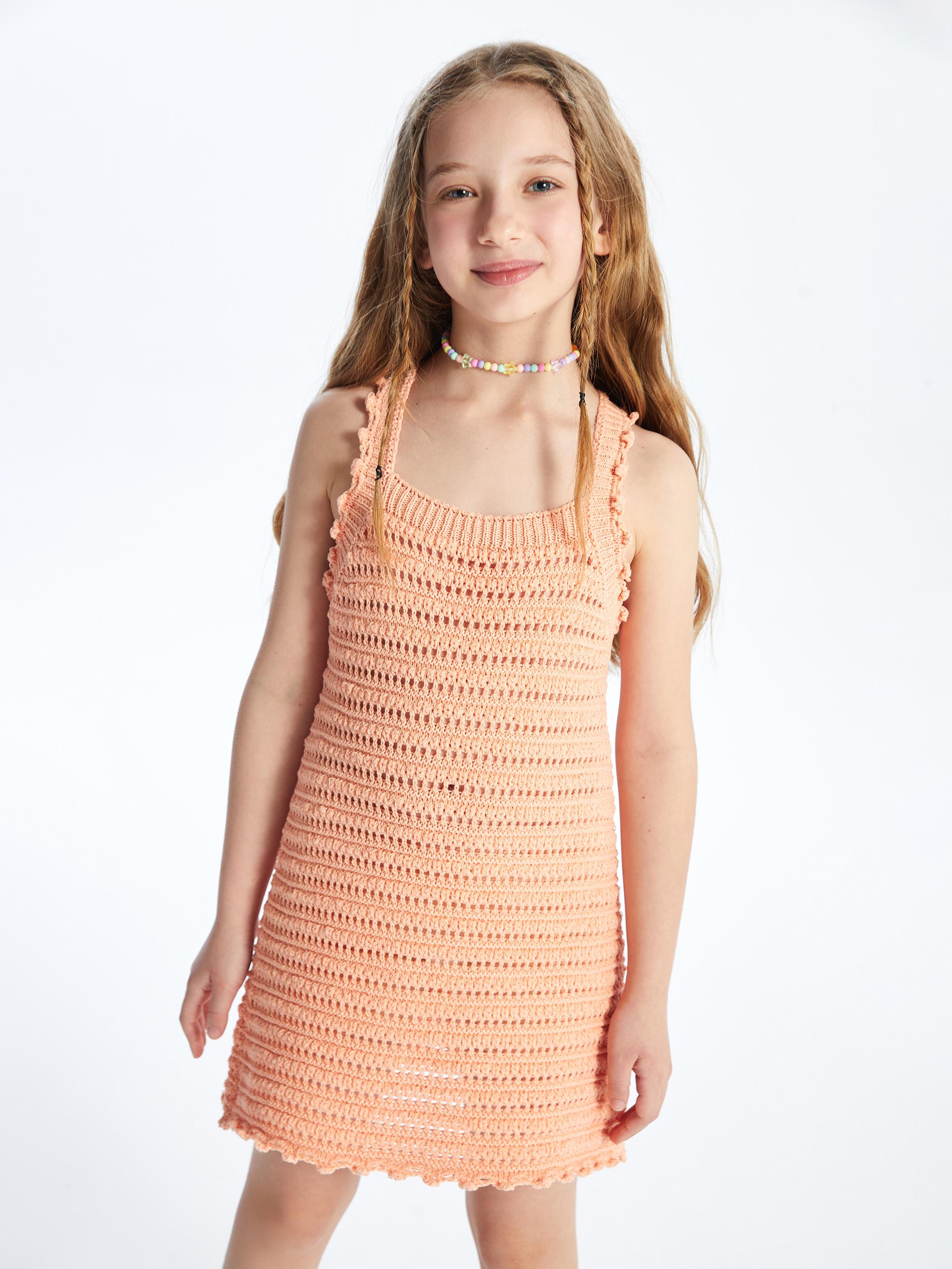 Buga - Örgü Detaylı Düz Askılı Triko Elbise - Şeftali Renk