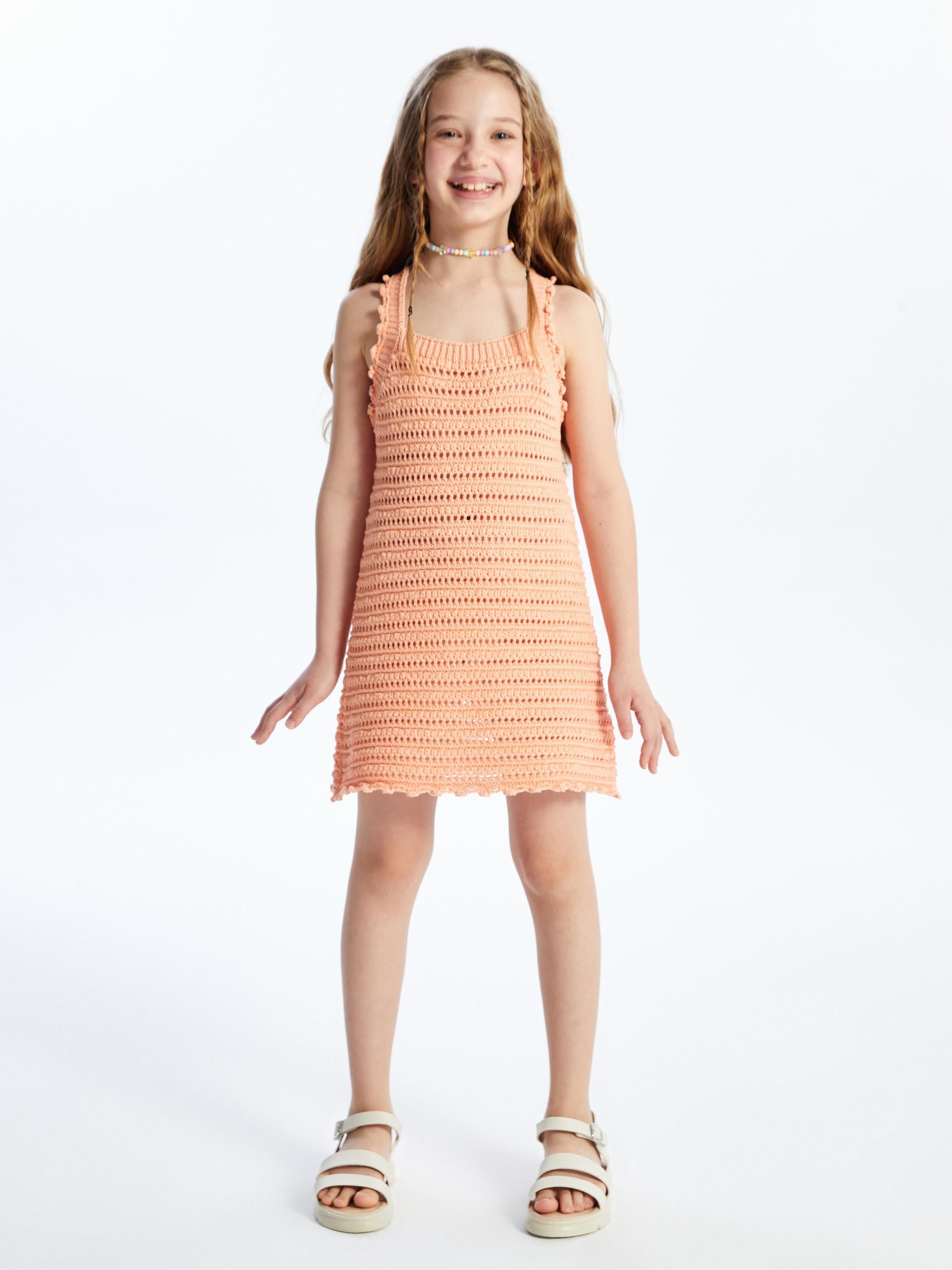 Buga - Örgü Detaylı Düz Askılı Triko Elbise - Şeftali Renk