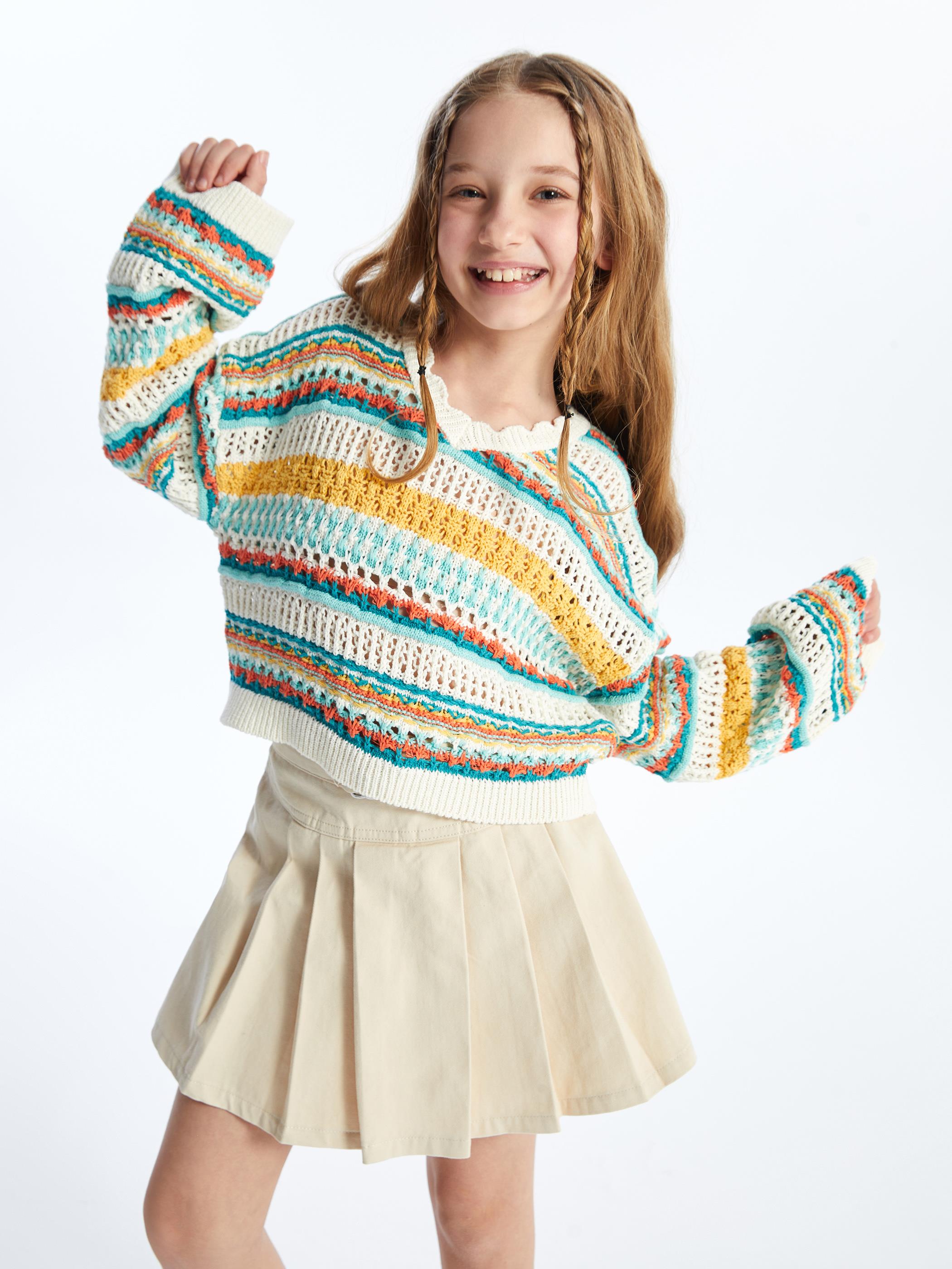 Cali - Örgü Detaylı Ajur Desen Triko Bluz - Multicolor