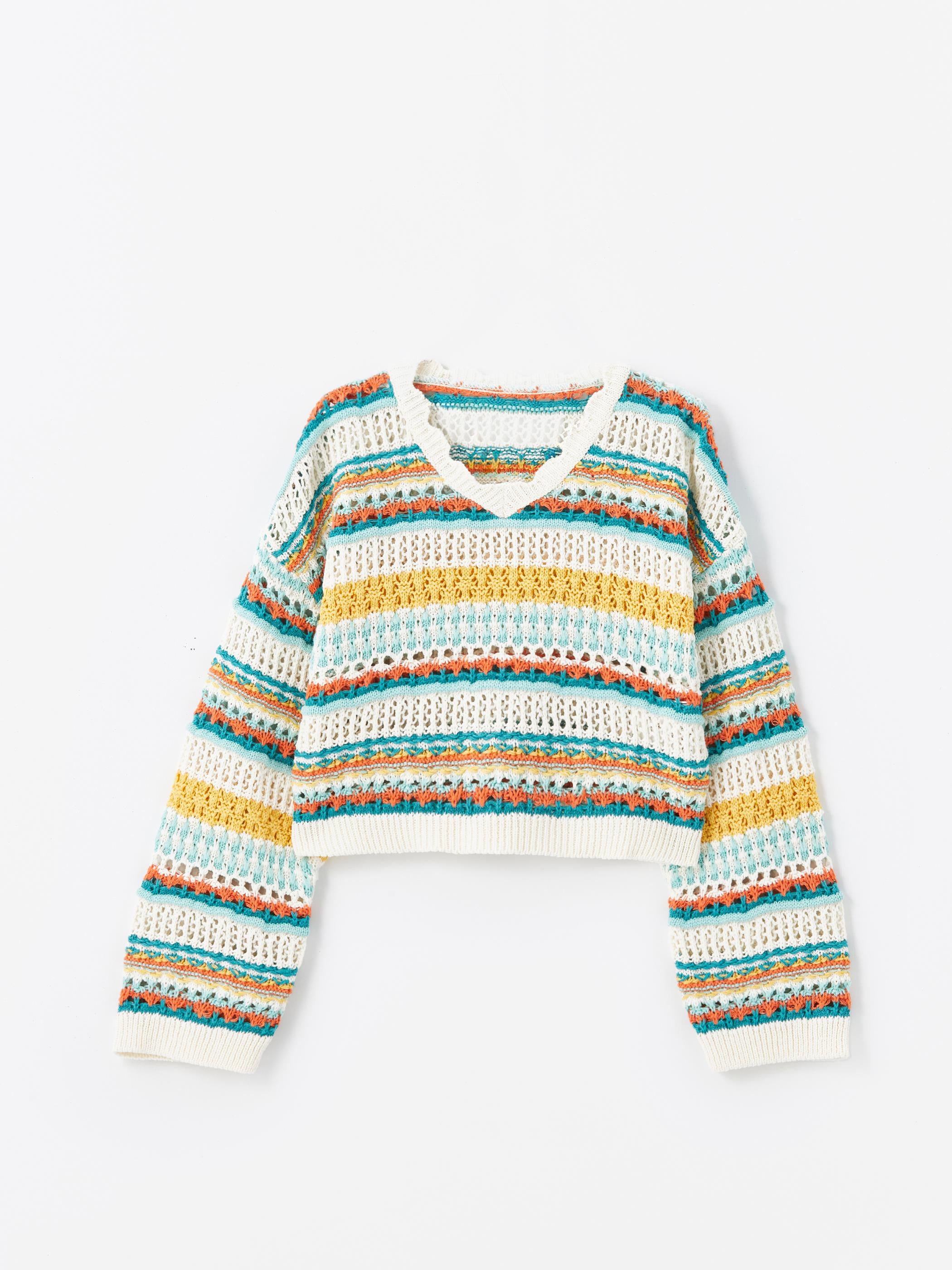 Cali - Örgü Detaylı Ajur Desen Triko Bluz - Multicolor