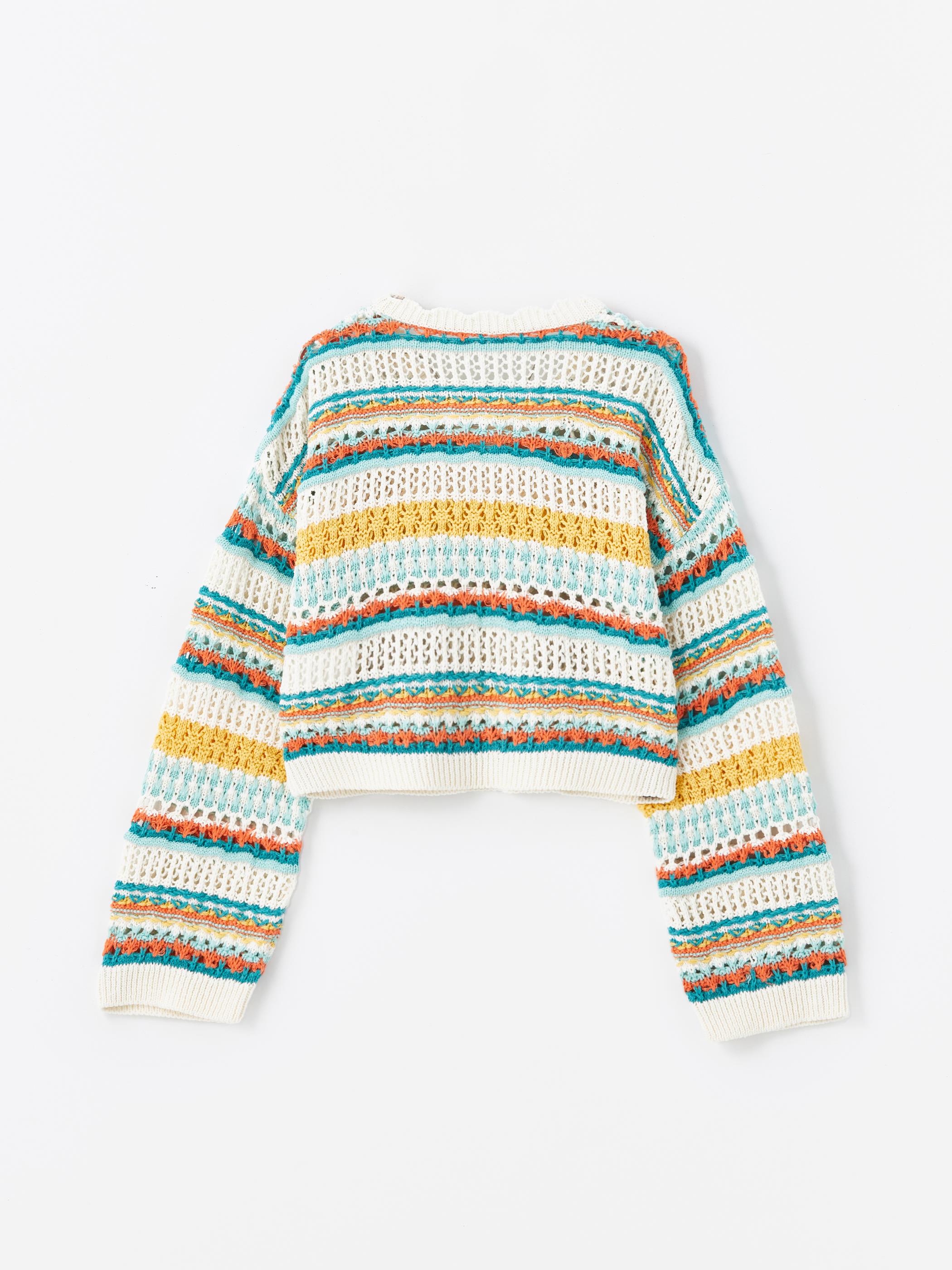 Cali - Örgü Detaylı Ajur Desen Triko Bluz - Multicolor