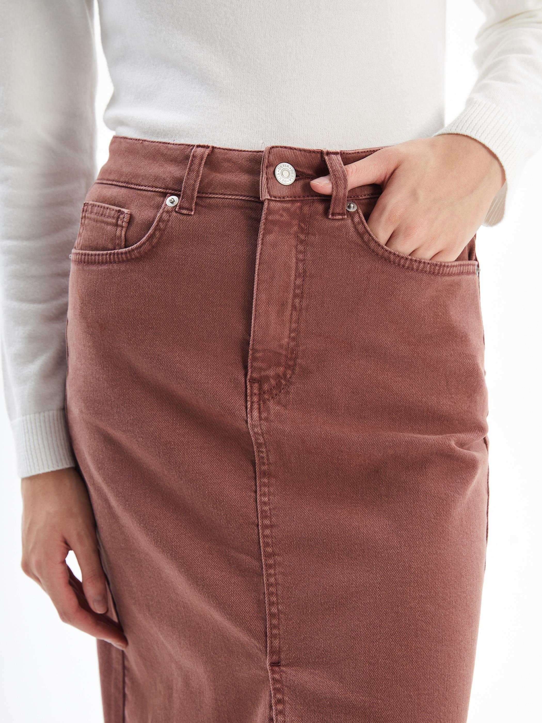 Cannes - Yırtmaçlı Yüksek Bel Midi Boy Denim Etek - Bordo Renk