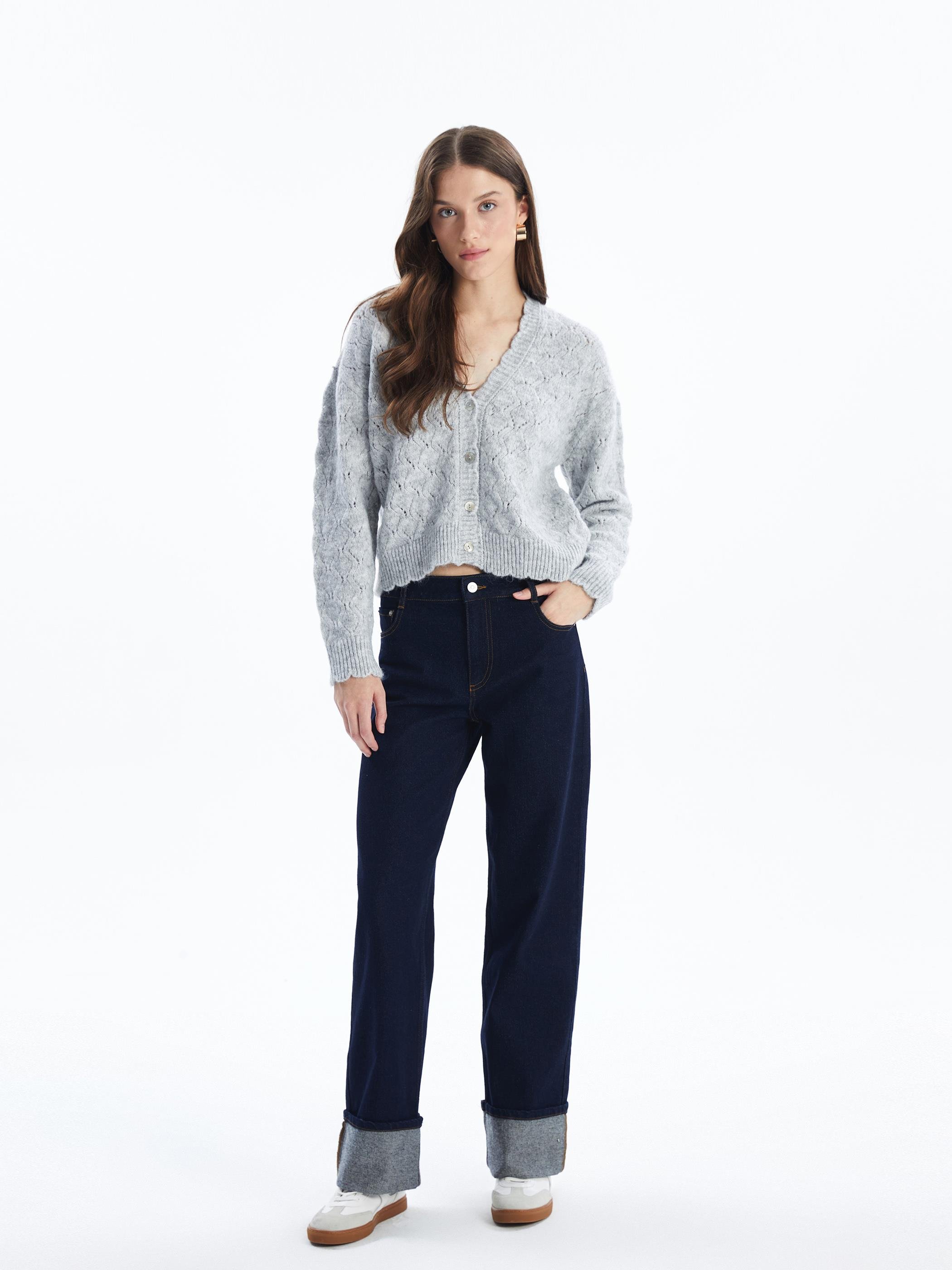 Cardigan - Örgü ve İnci Düğme Detaylı Uzun Kollu Hırka - Gri Renk