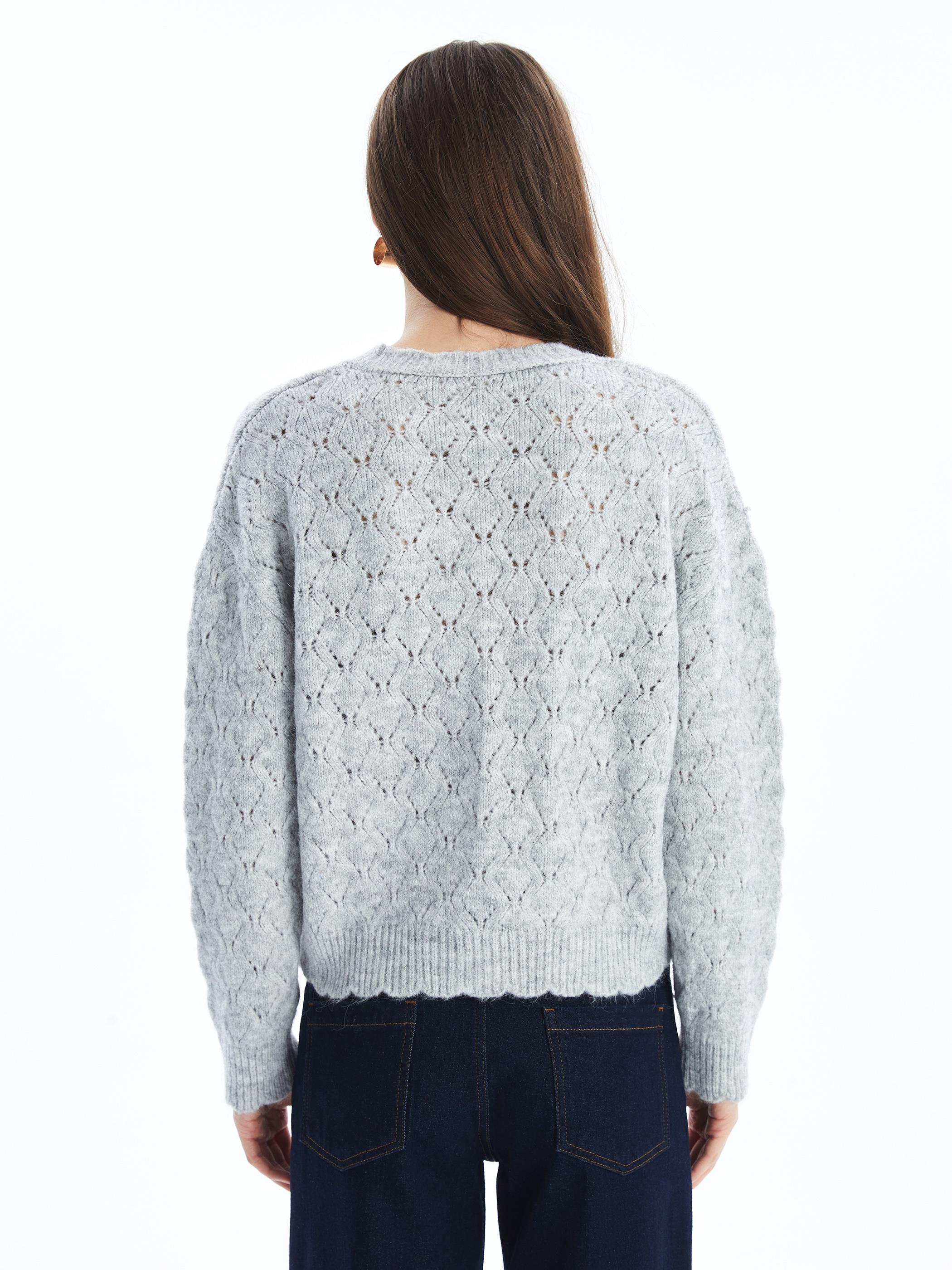 Cardigan - Örgü ve İnci Düğme Detaylı Uzun Kollu Hırka - Gri Renk