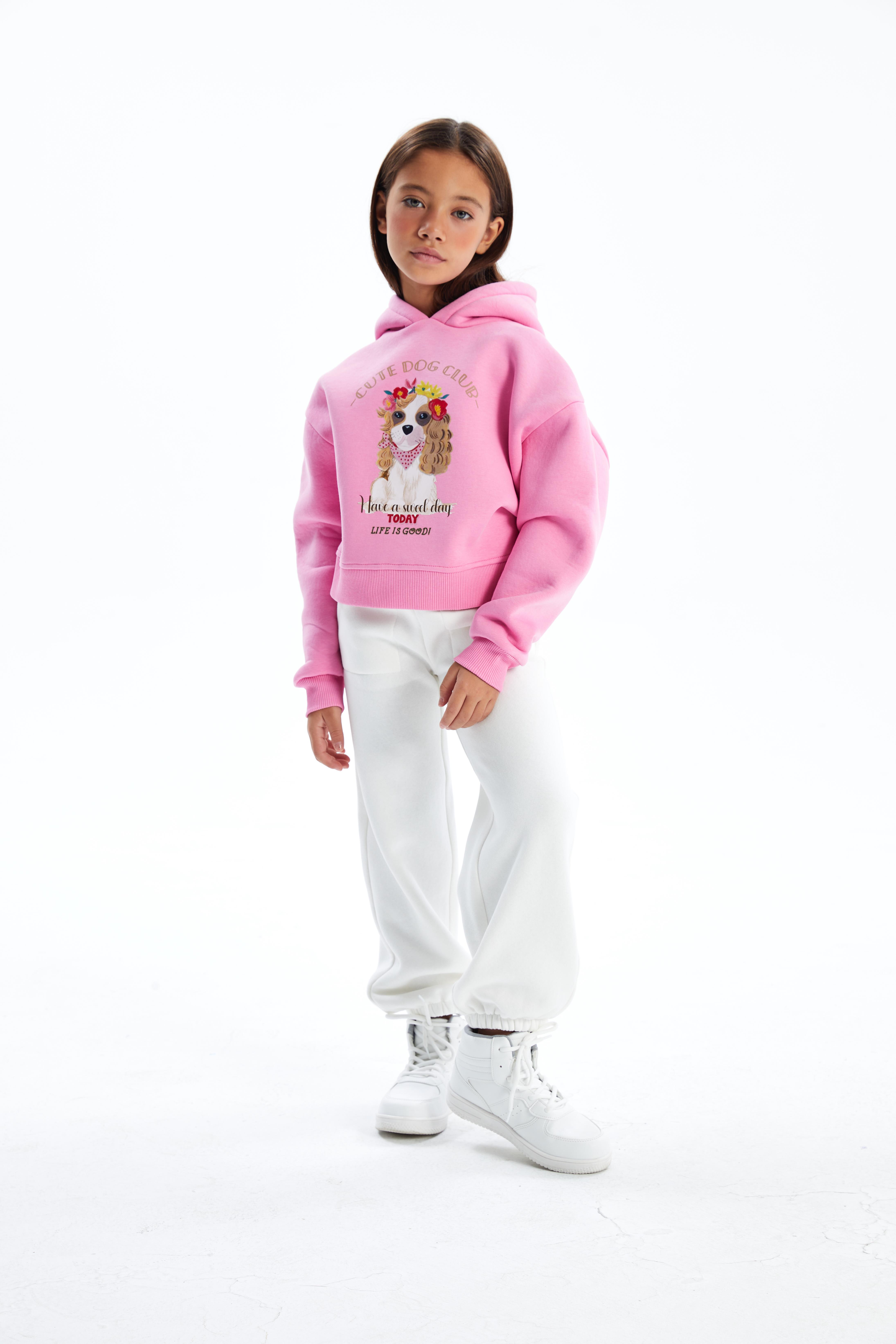 Cute Dog - Kapşonlu ve İçi Şardonlu Dijital Baskılı Sweatshirt - Pembe Renk
