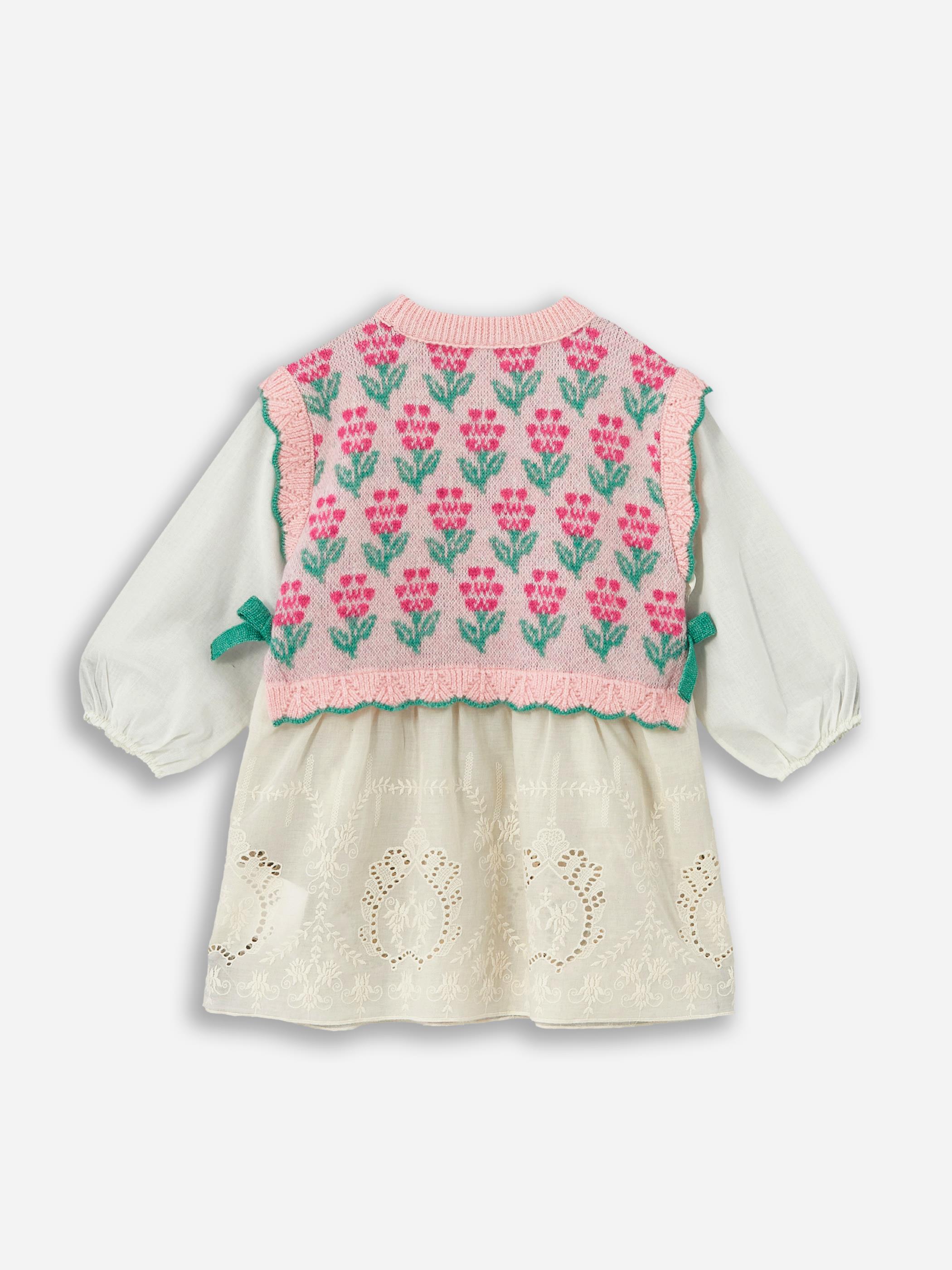 Floral Dress - Dokuma ve Örgü Detaylı  Astarlı Triko Elbise - Pembe Renk