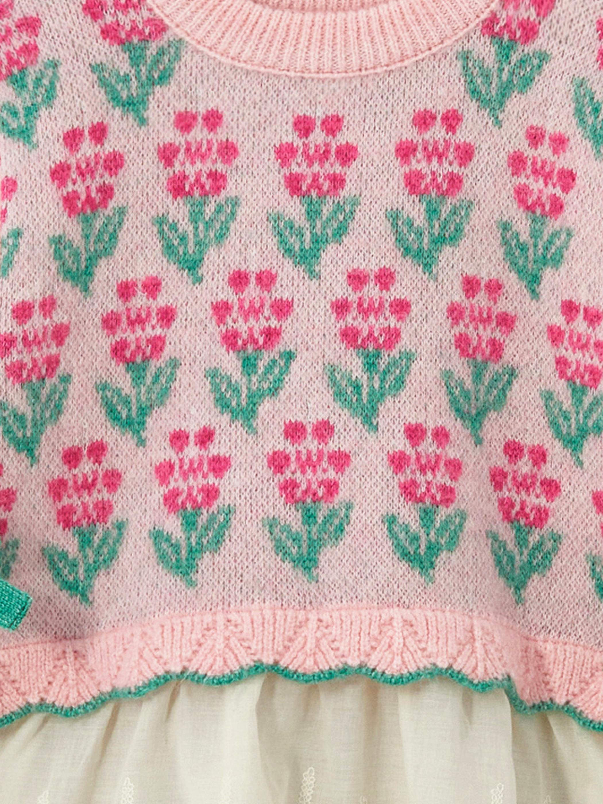 Floral Dress - Dokuma ve Örgü Detaylı  Astarlı Triko Elbise - Pembe Renk