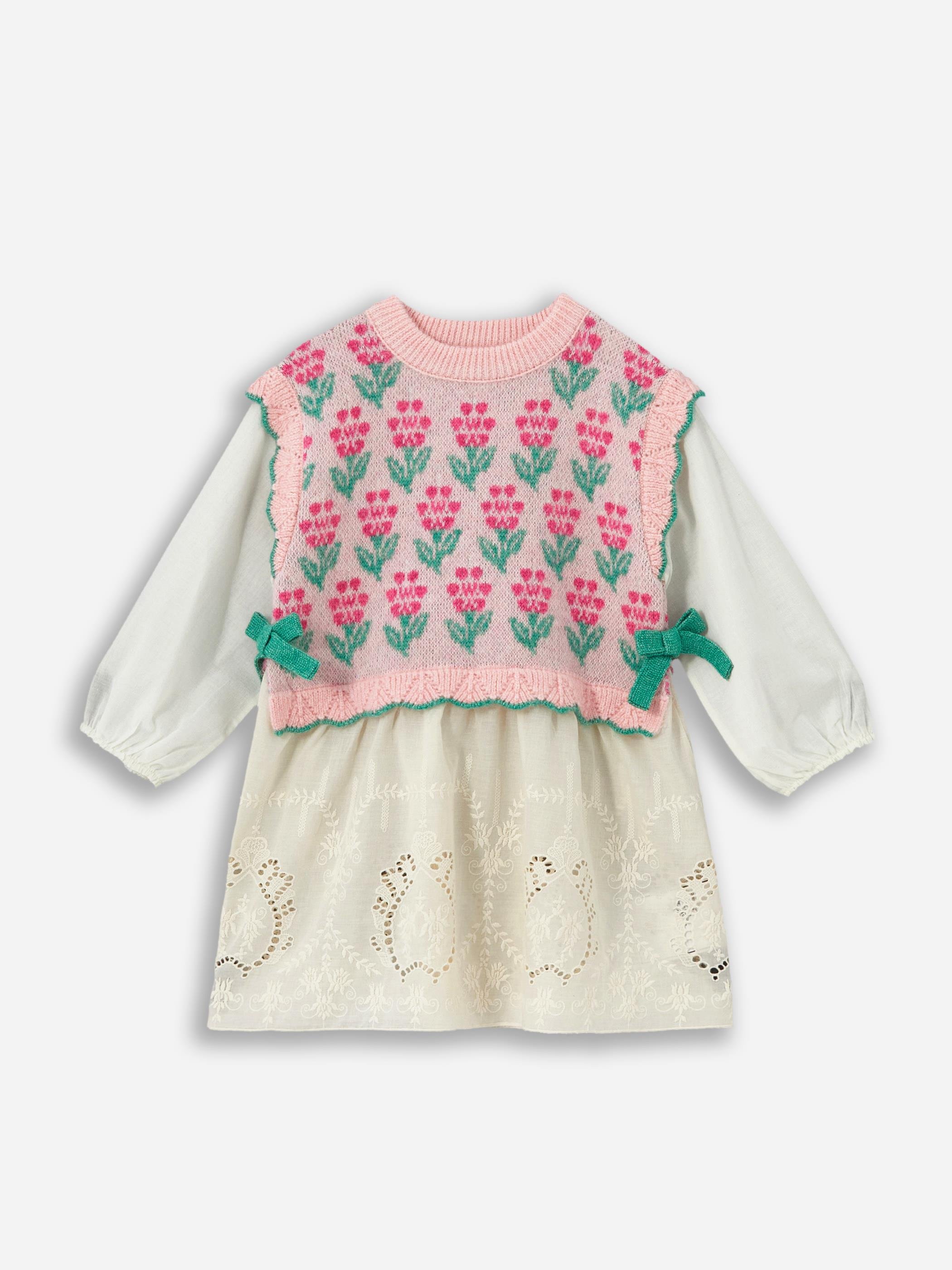 Floral Dress - Dokuma ve Örgü Detaylı  Astarlı Triko Elbise - Pembe Renk