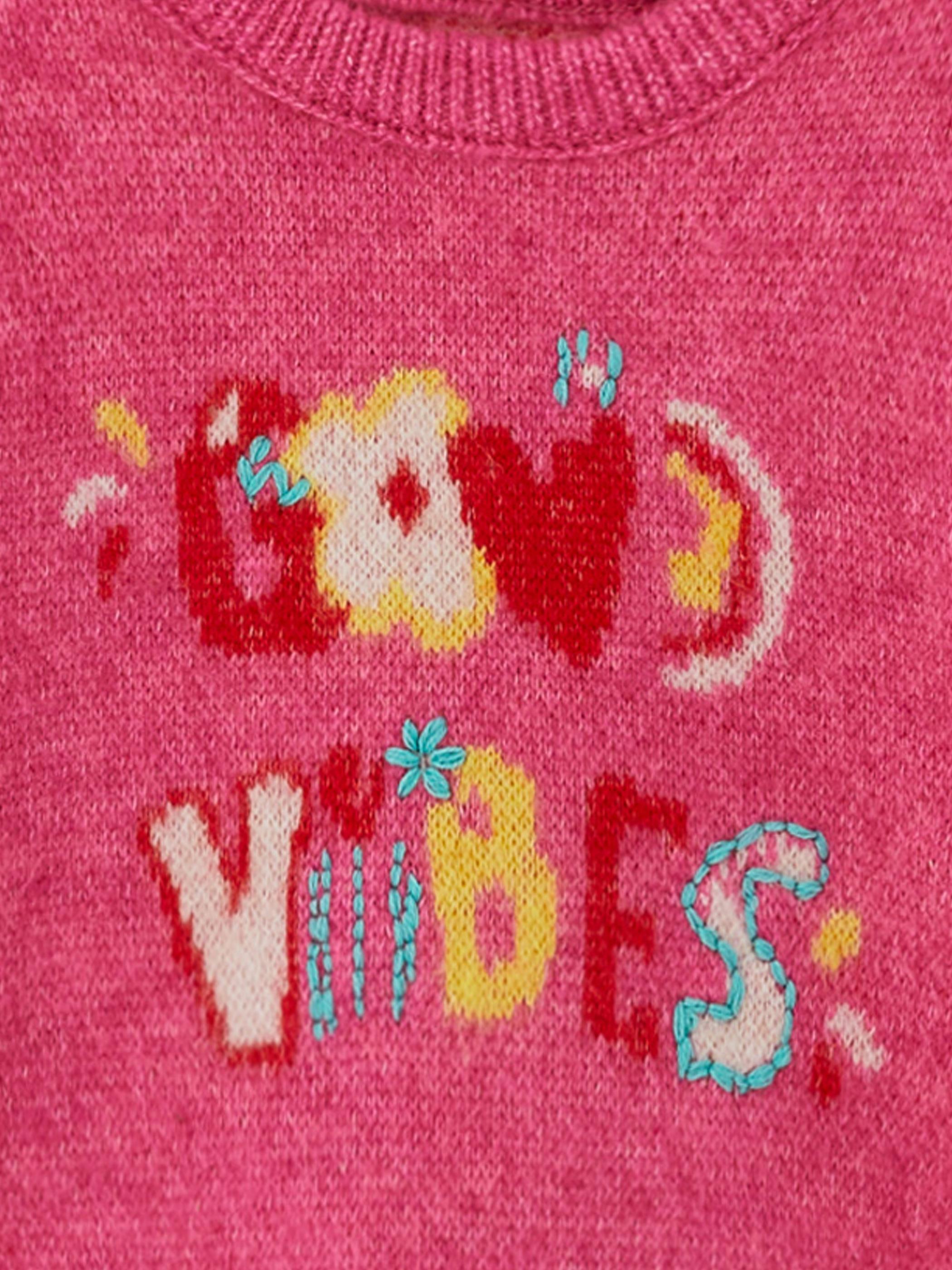 Floral Text - Bisiklet Yaka Yazı Detaylı Triko Kazak  - Pembe Renk