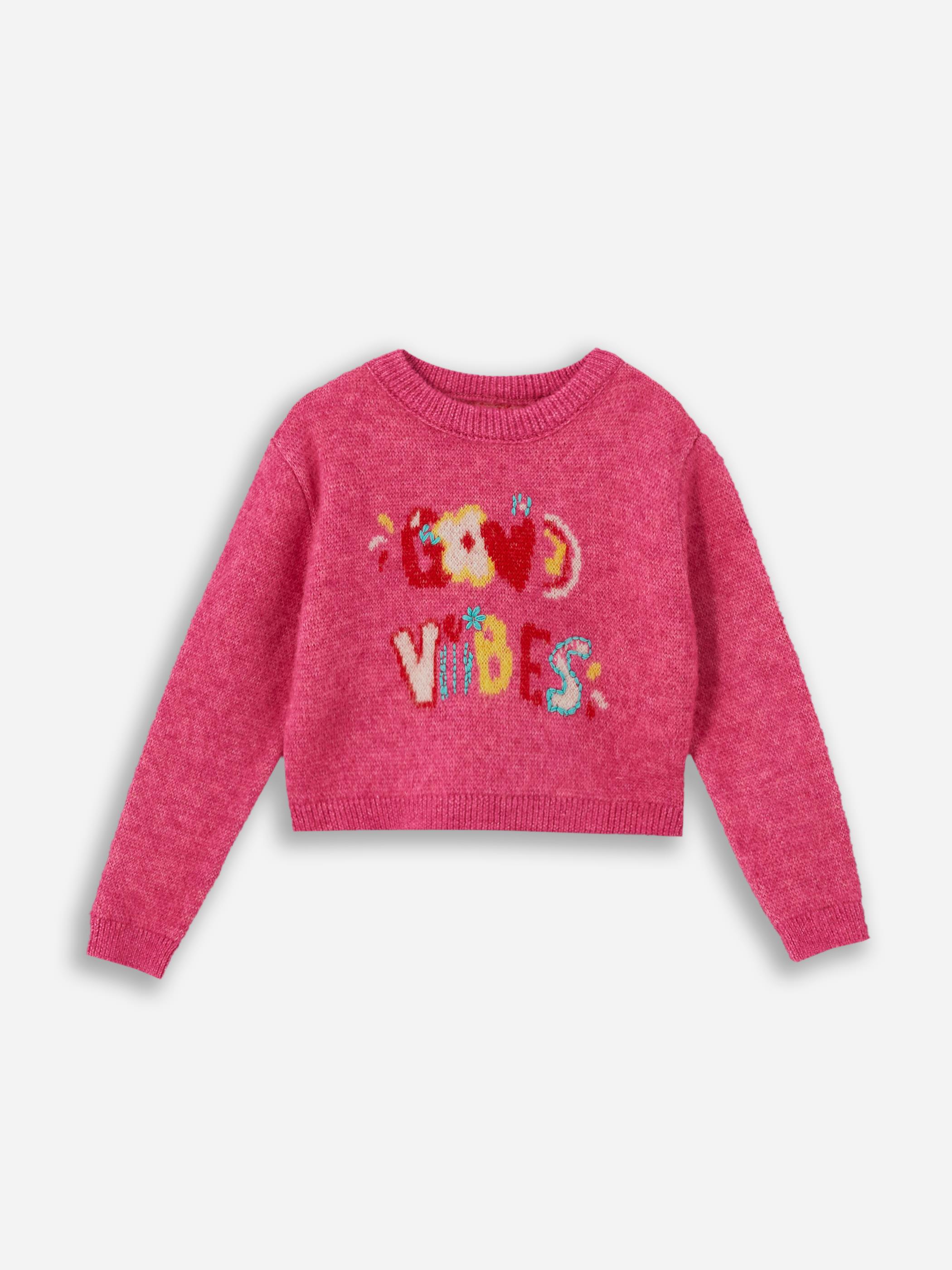 Floral Text - Bisiklet Yaka Yazı Detaylı Triko Kazak  - Pembe Renk