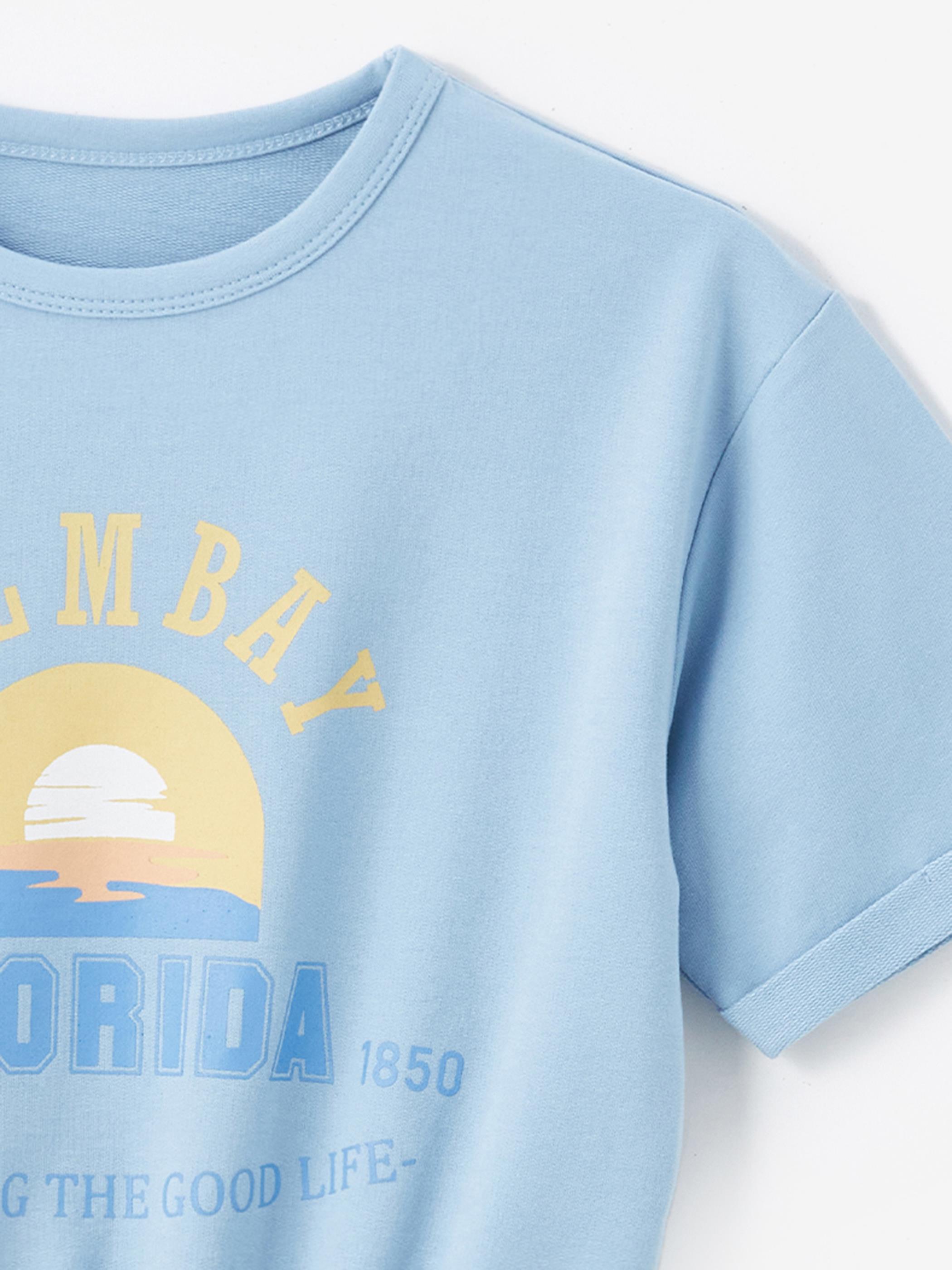 Florida Örme Detaylı Baskılı Kısa Kollu Elbise - Mavi