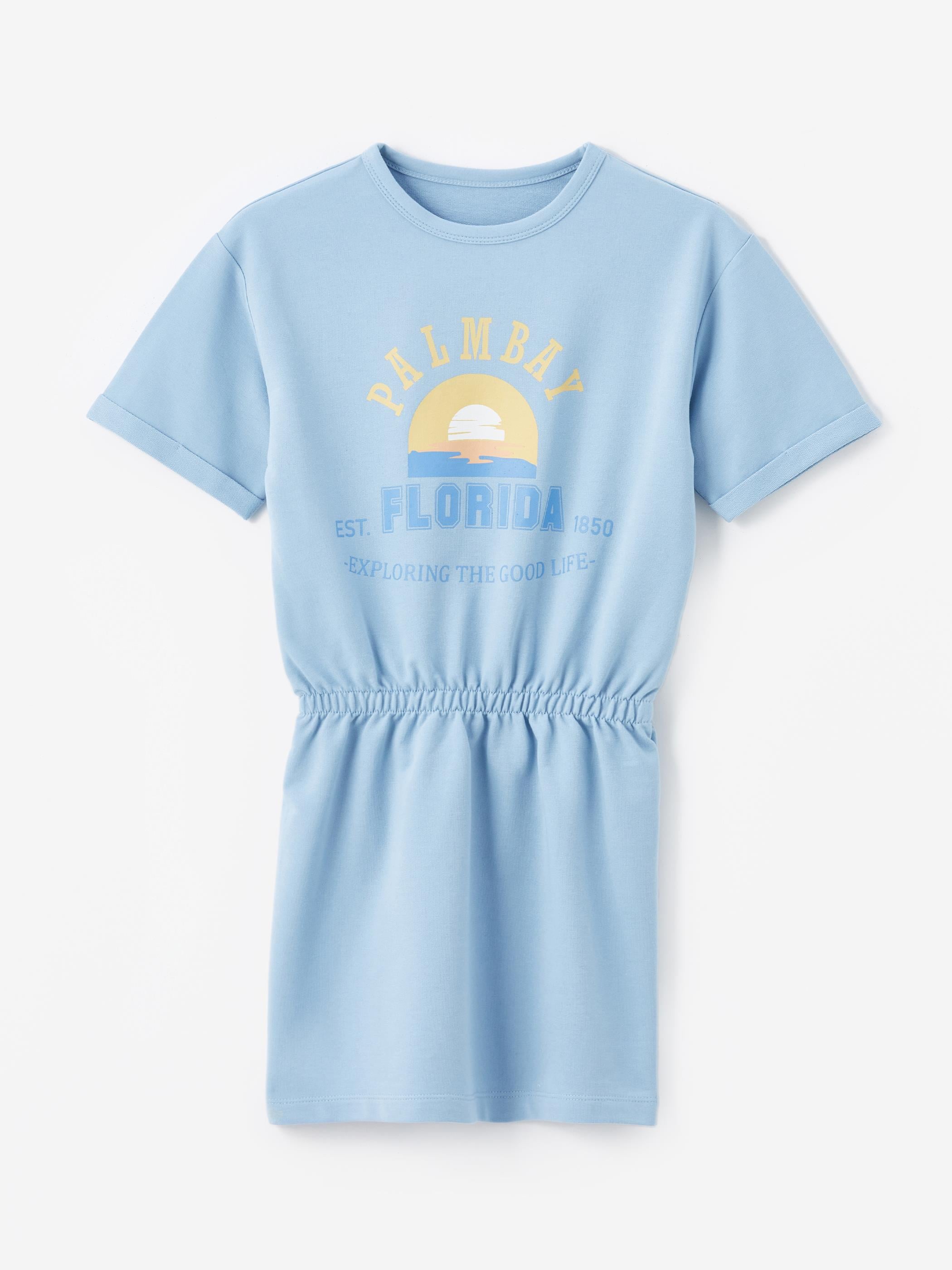 Florida Örme Detaylı Baskılı Kısa Kollu Elbise - Mavi