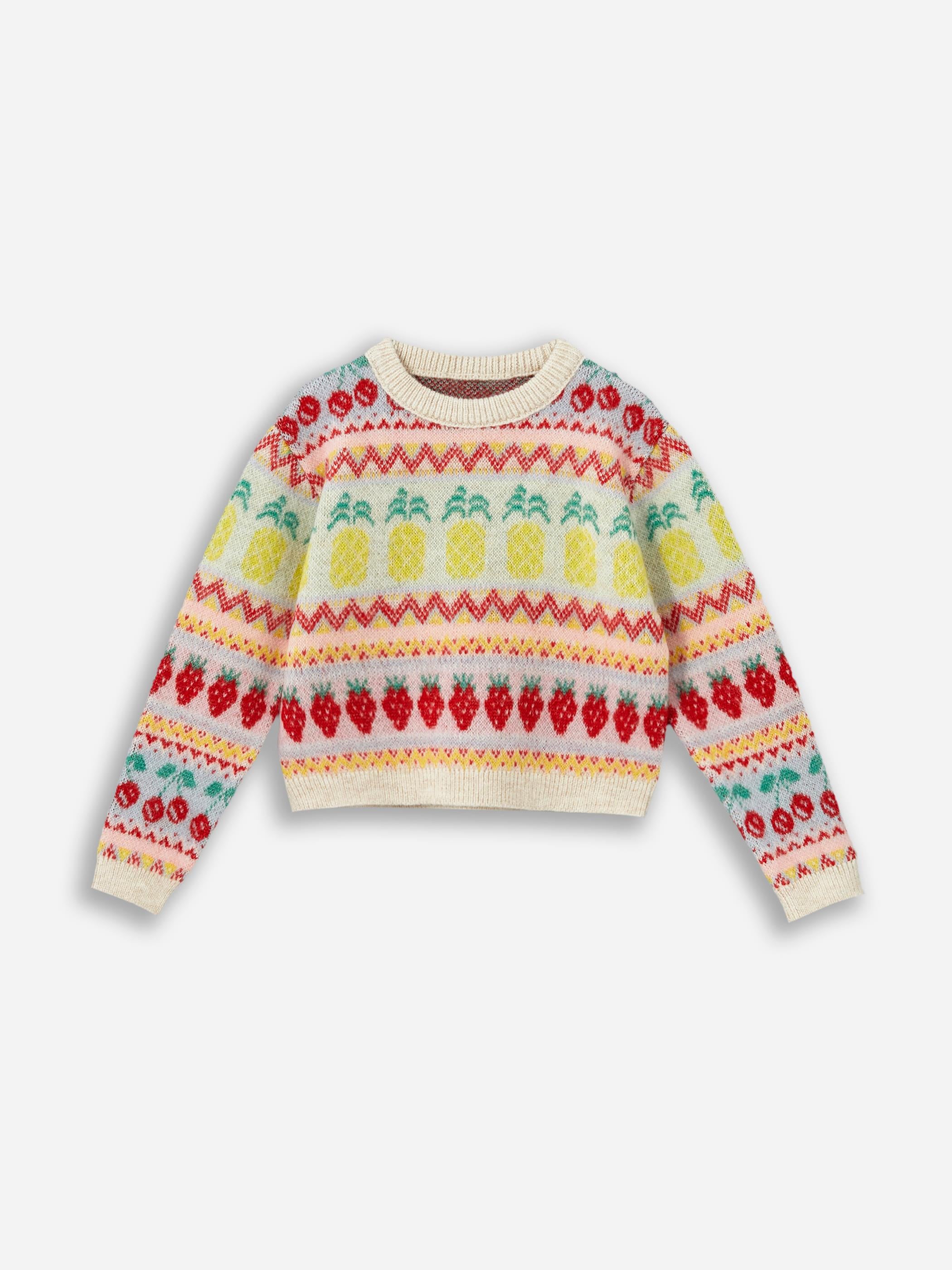 Fruit - Bisiklet Yaka Meyve Desenli Triko Kazak - Multicolor Renk