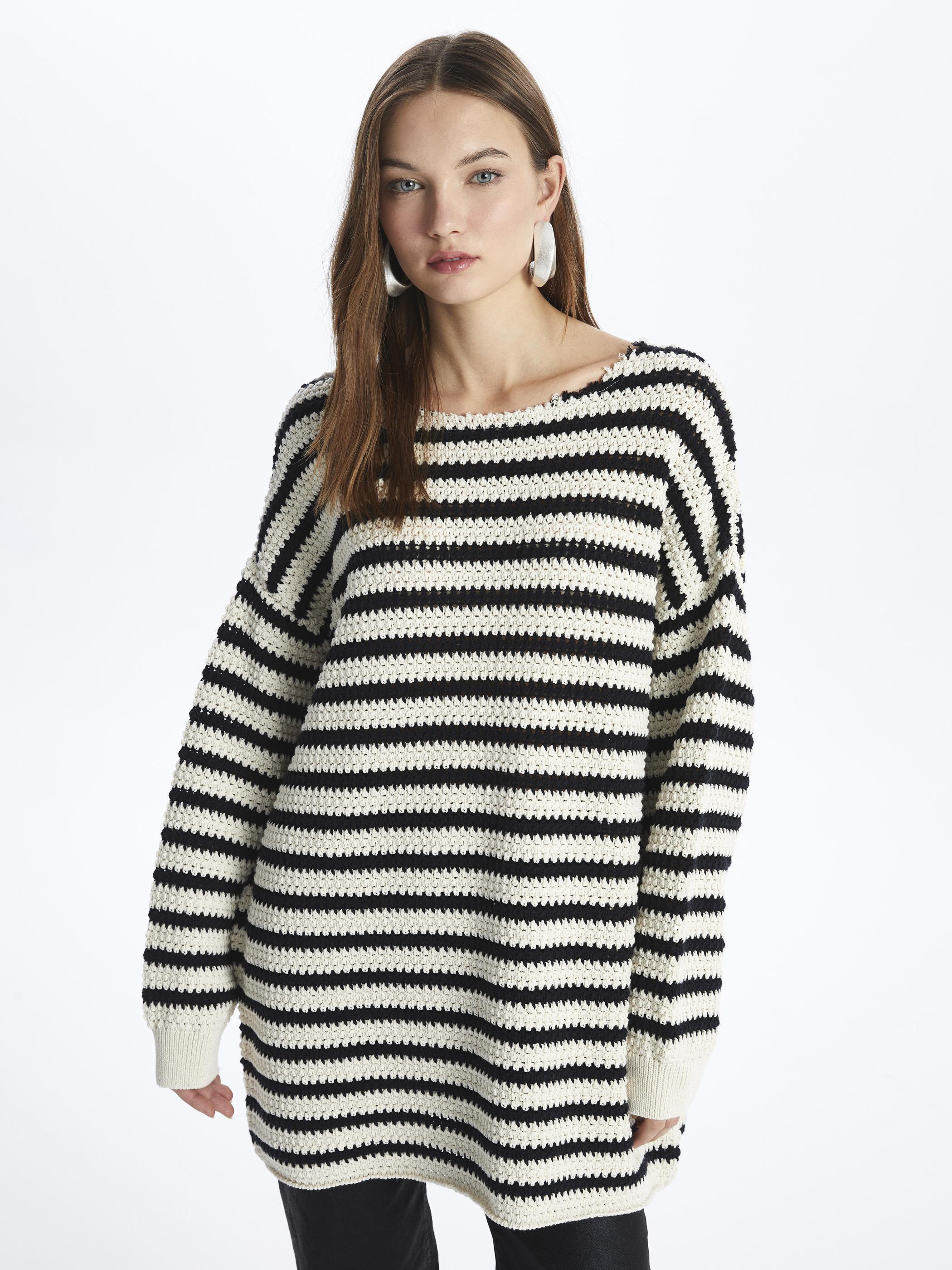 Genova- Kayık Yaka Uzun Kol Çizgili Triko- Siyah Stripe
