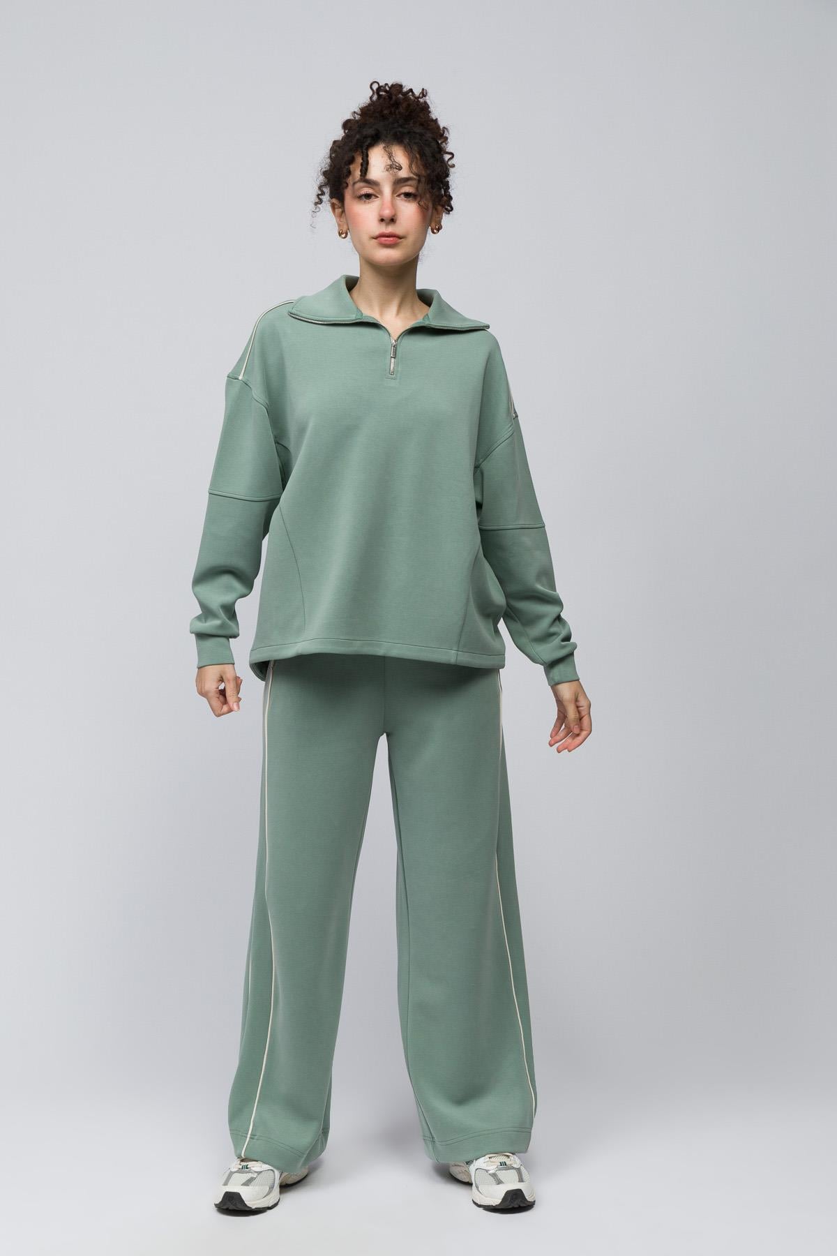 Granada - Çift Biyeli Bol Kesim Beli Lastikli Modal Pantolon - Açık Yeşil Renk