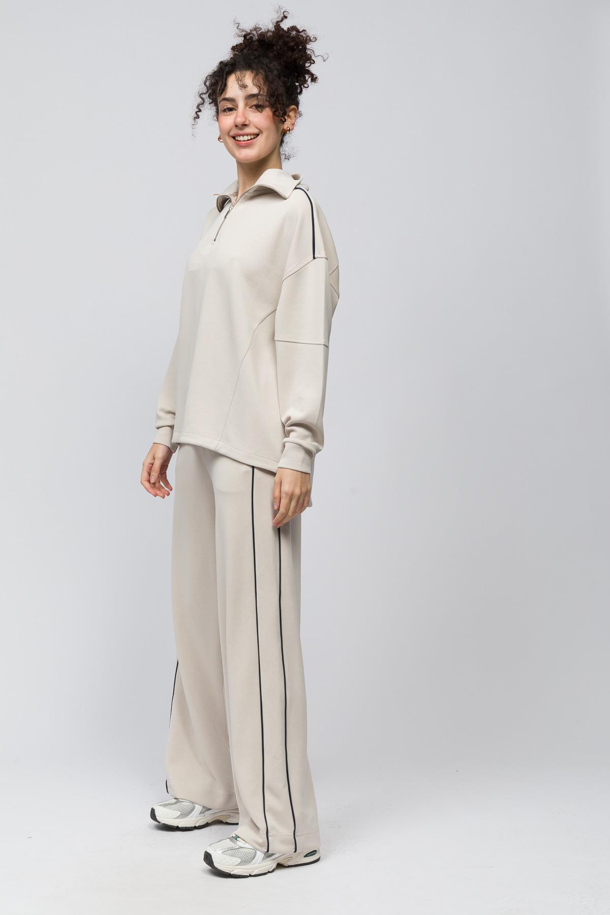 Granada - Çift Biyeli Bol Kesim Beli Lastikli Modal Pantolon - Taş Renk