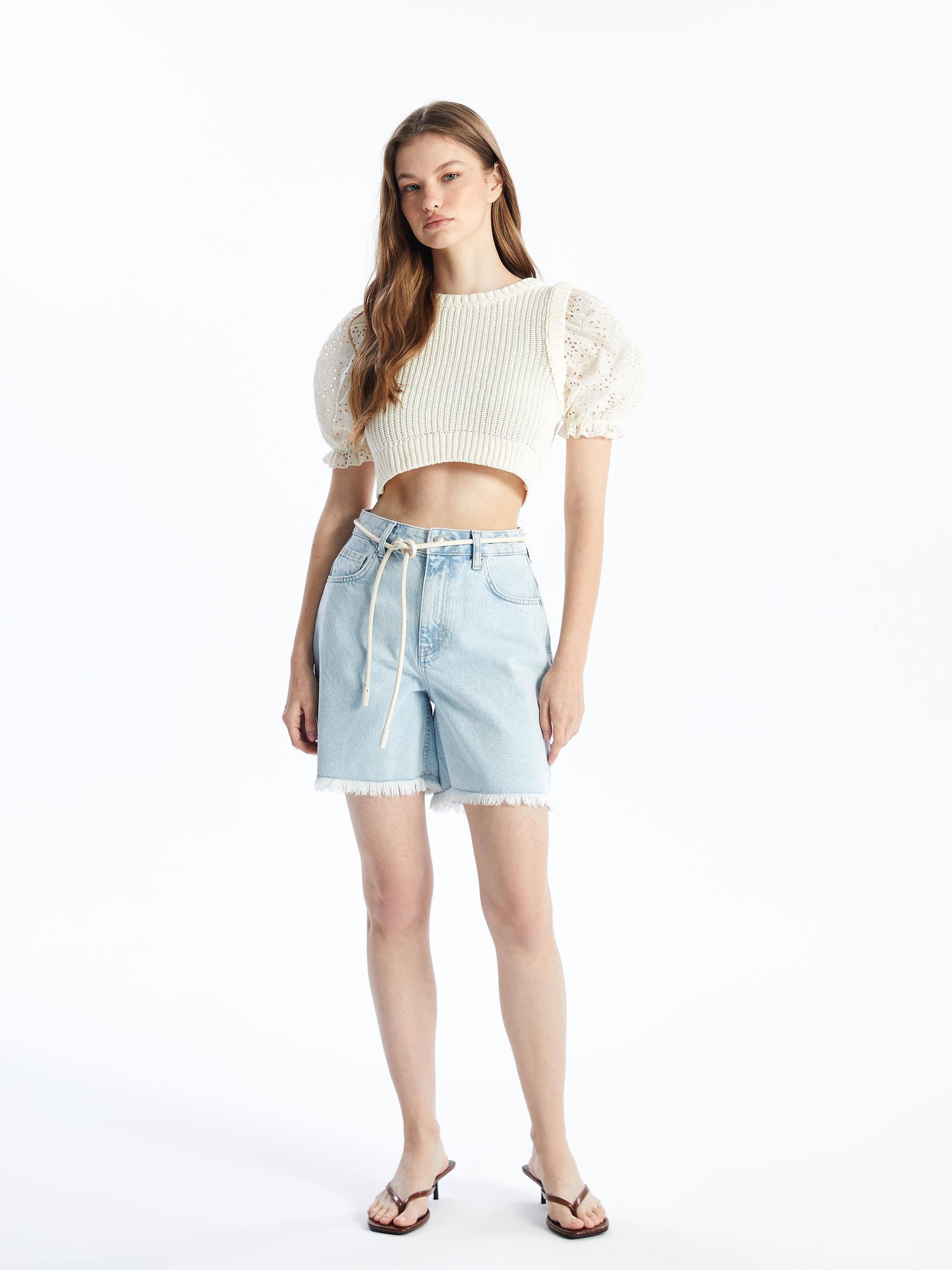 Katanya - Örgü Detaylı Yarım Kol Crop Fit İnce Triko - Ekru Renk