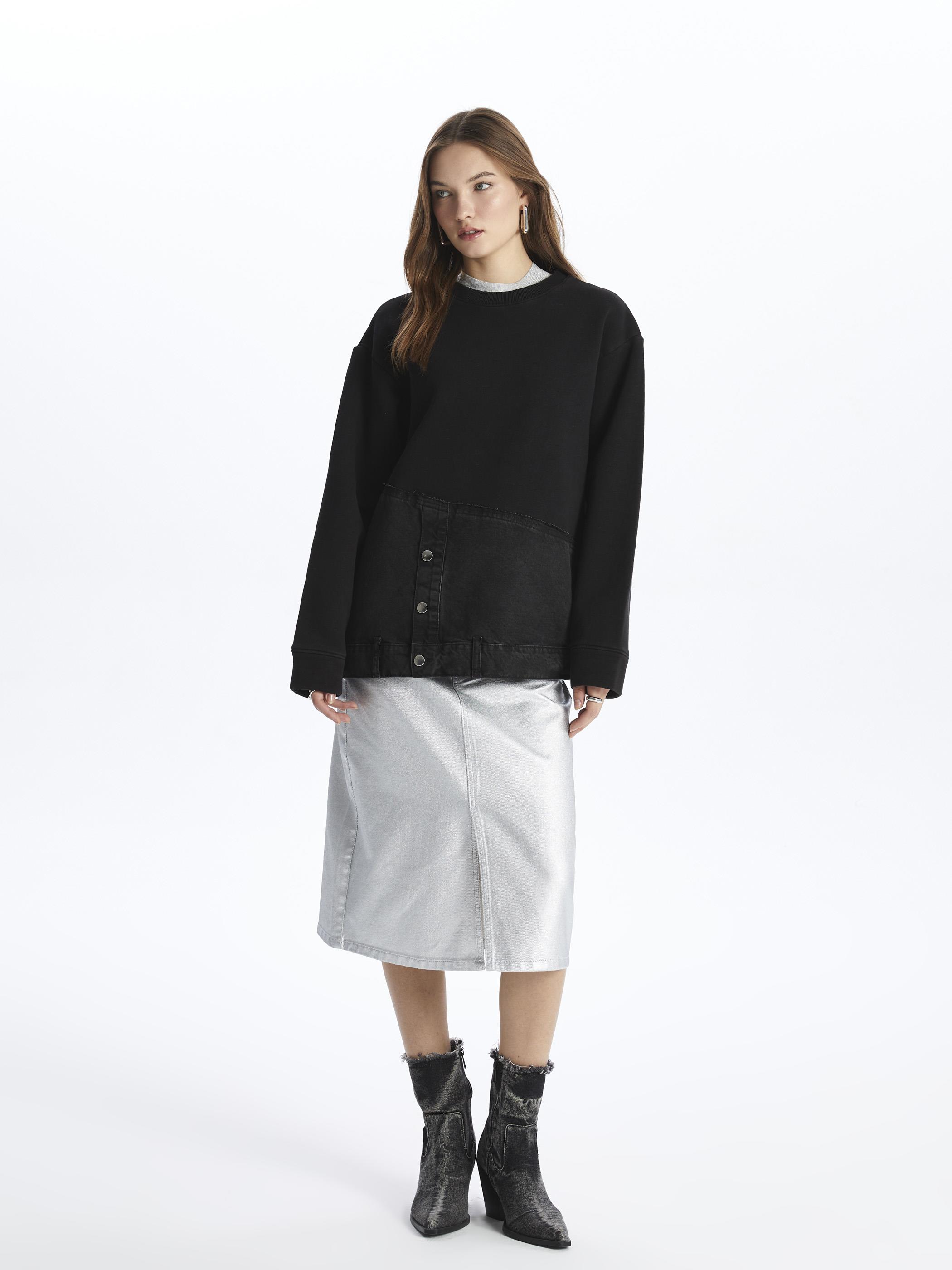 Kyoto- Bisiklet Yaka Uzun Kol Parçalı Sweatshirt- Siyah