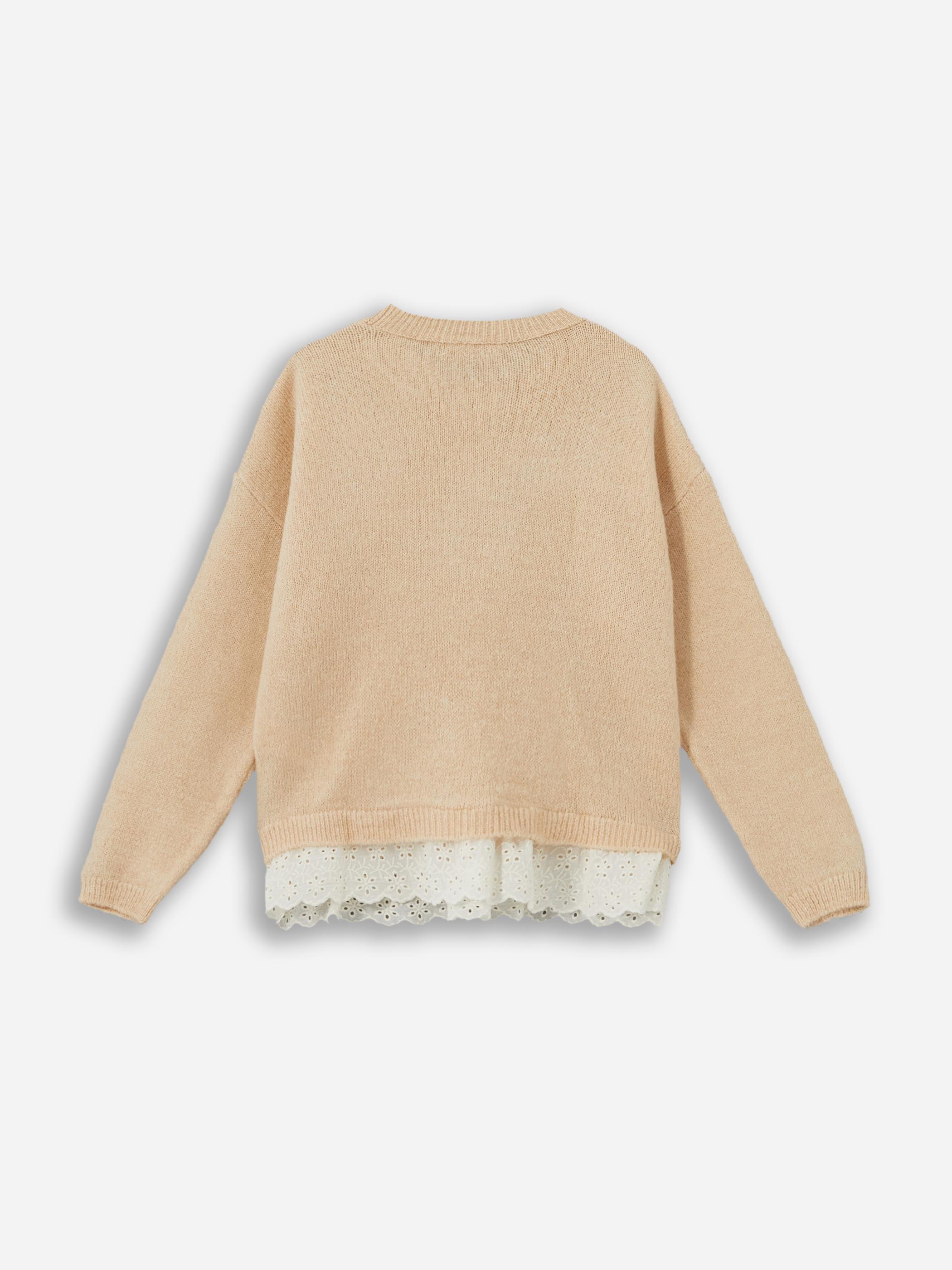 Lace Collar Jumper - Yaka ve Etek Ucu Dantel Detaylı Triko Kazak  - Bej Renk