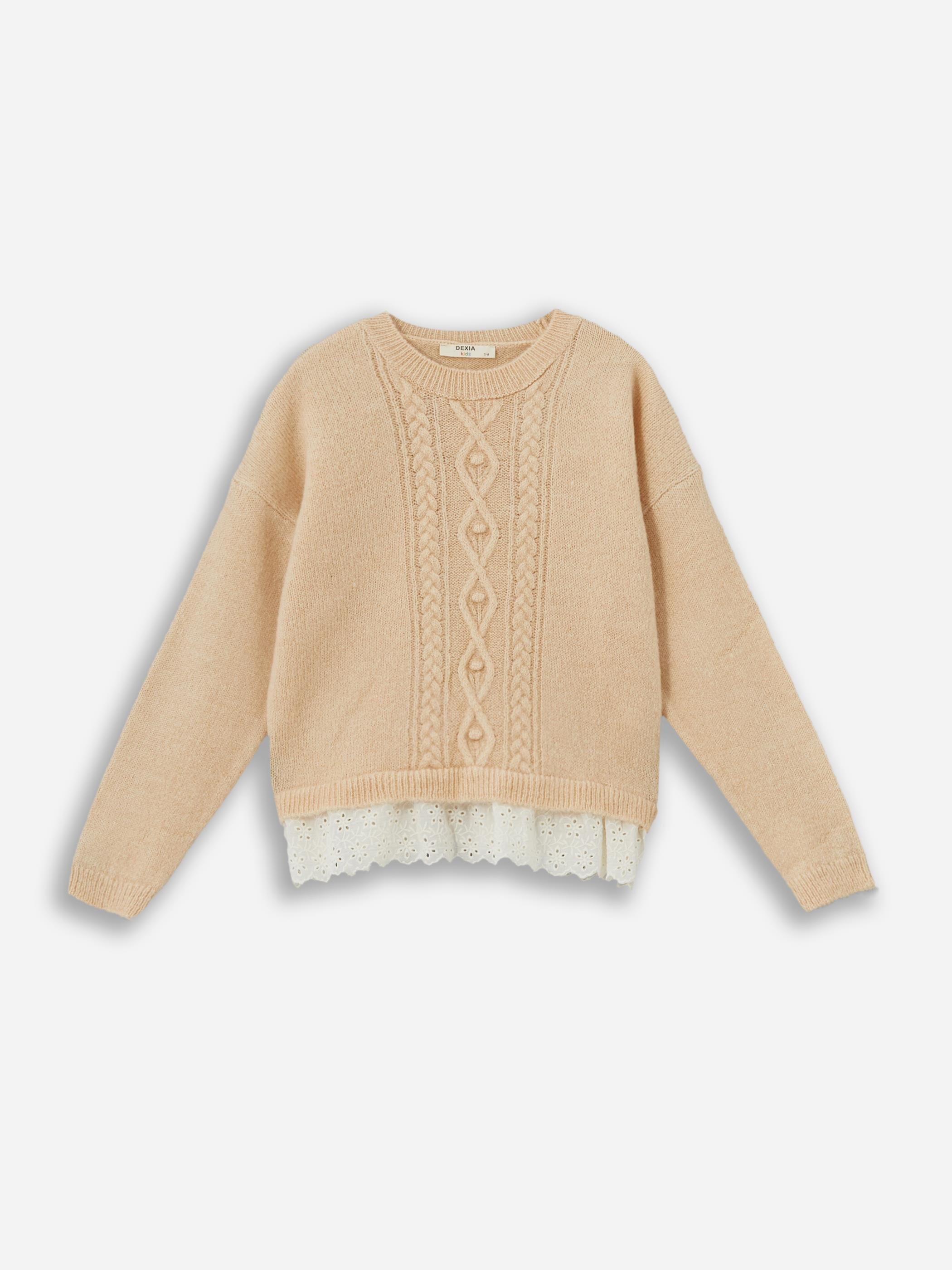 Lace Collar Jumper - Yaka ve Etek Ucu Dantel Detaylı Triko Kazak  - Bej Renk