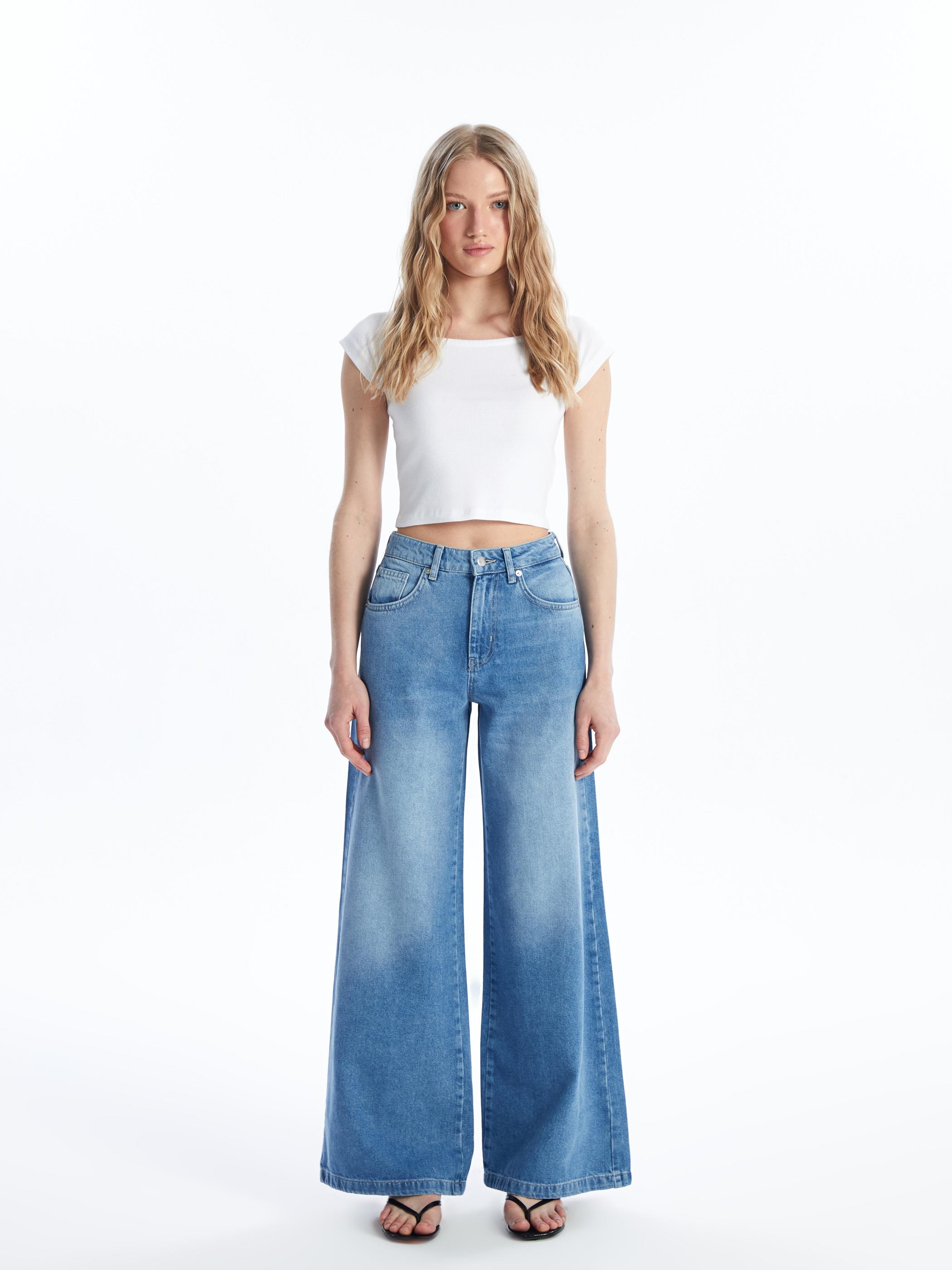 Lazio - Yüksek Bel Geniş Paça Denim Pantolon - Mid