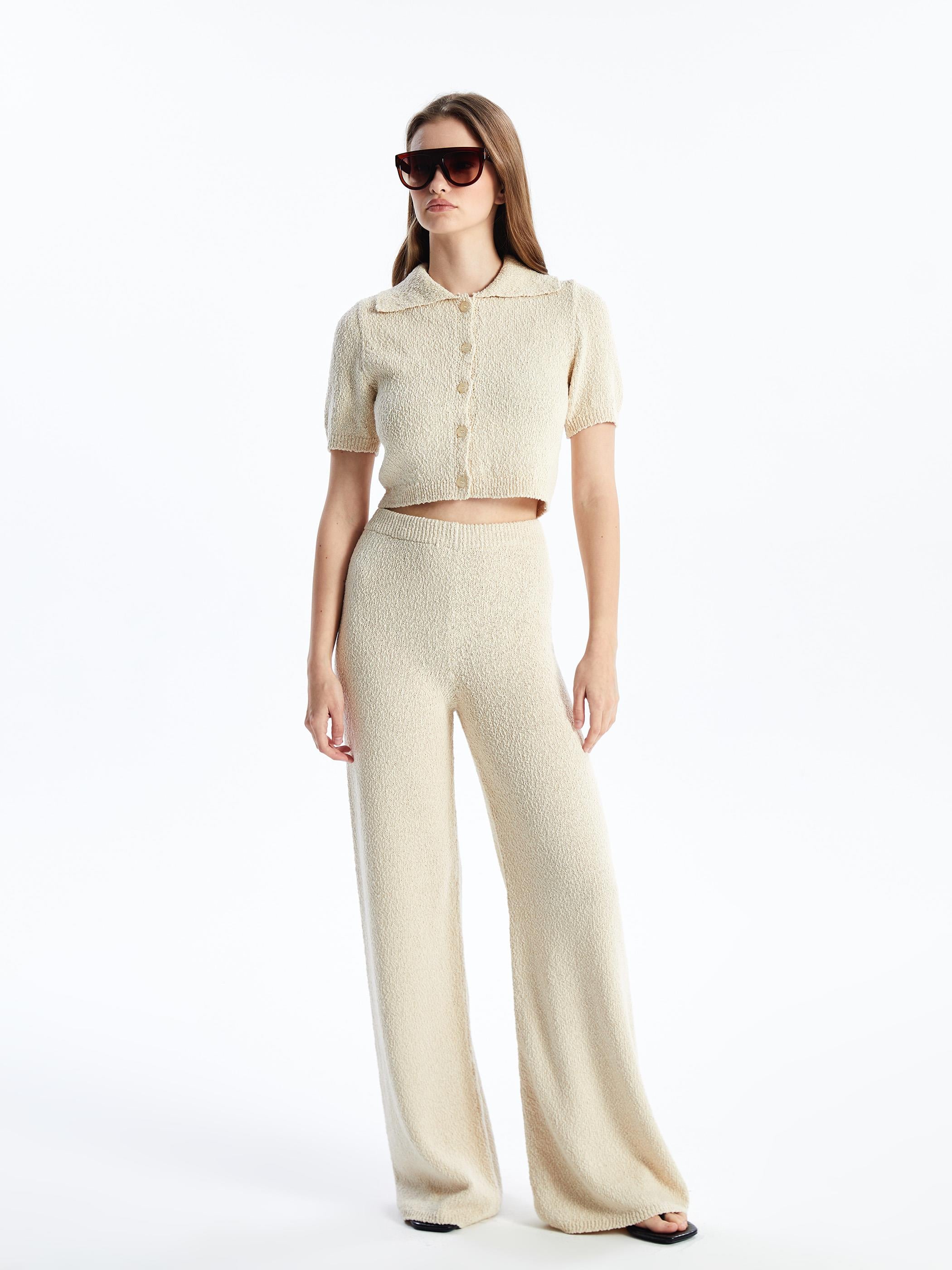 Lıma - Örgü Detaylı Gömlek Model Triko Bluz - Ekru