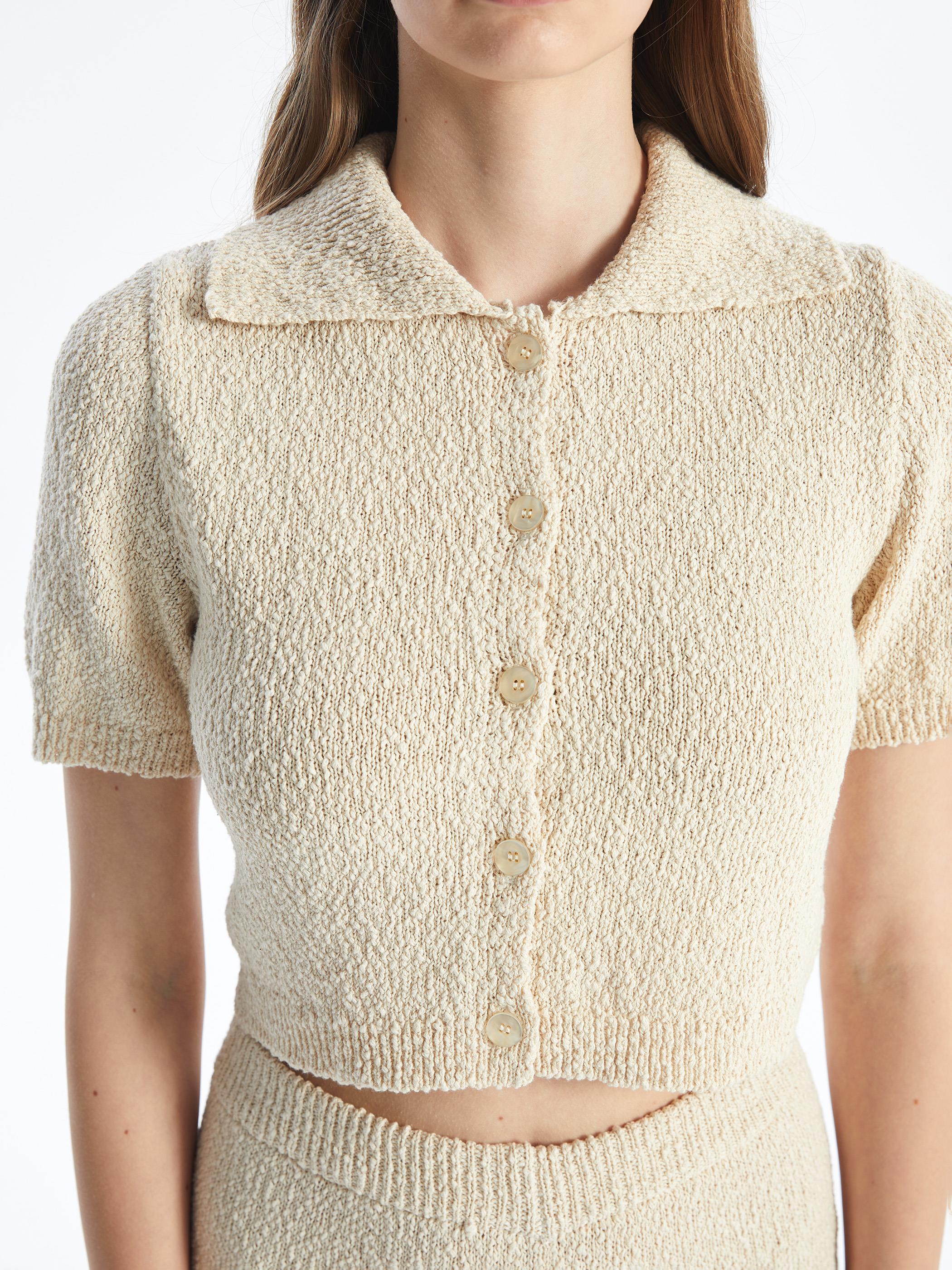 Lıma - Örgü Detaylı Gömlek Model Triko Bluz - Ekru